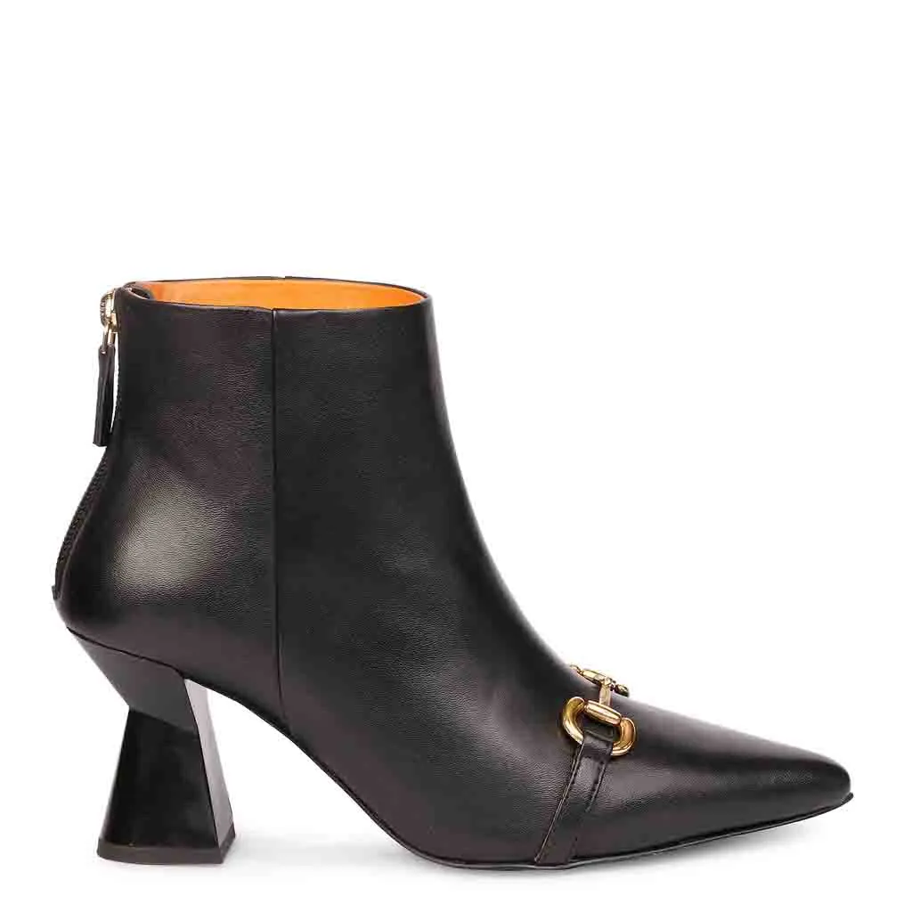 Saint Ashley Black Leather Gold Horsebit Décor Back Zip Boots