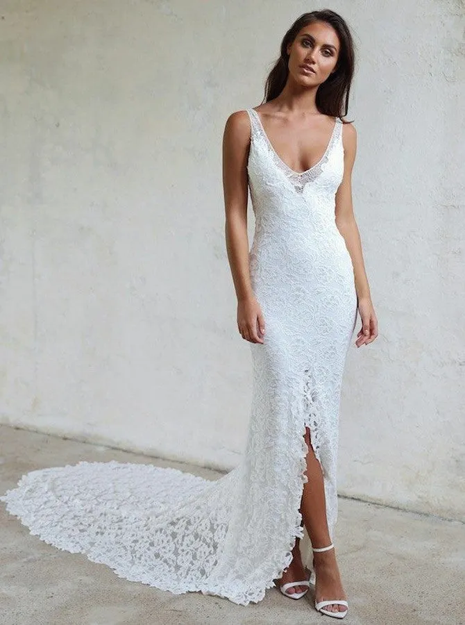 Sheath V-Neck Backless Lace Wedding Dress Court Train With Split OW476