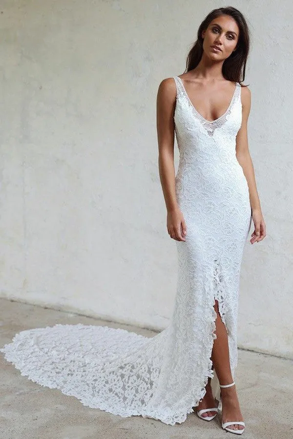 Sheath V-Neck Backless Lace Wedding Dress Court Train With Split OW476