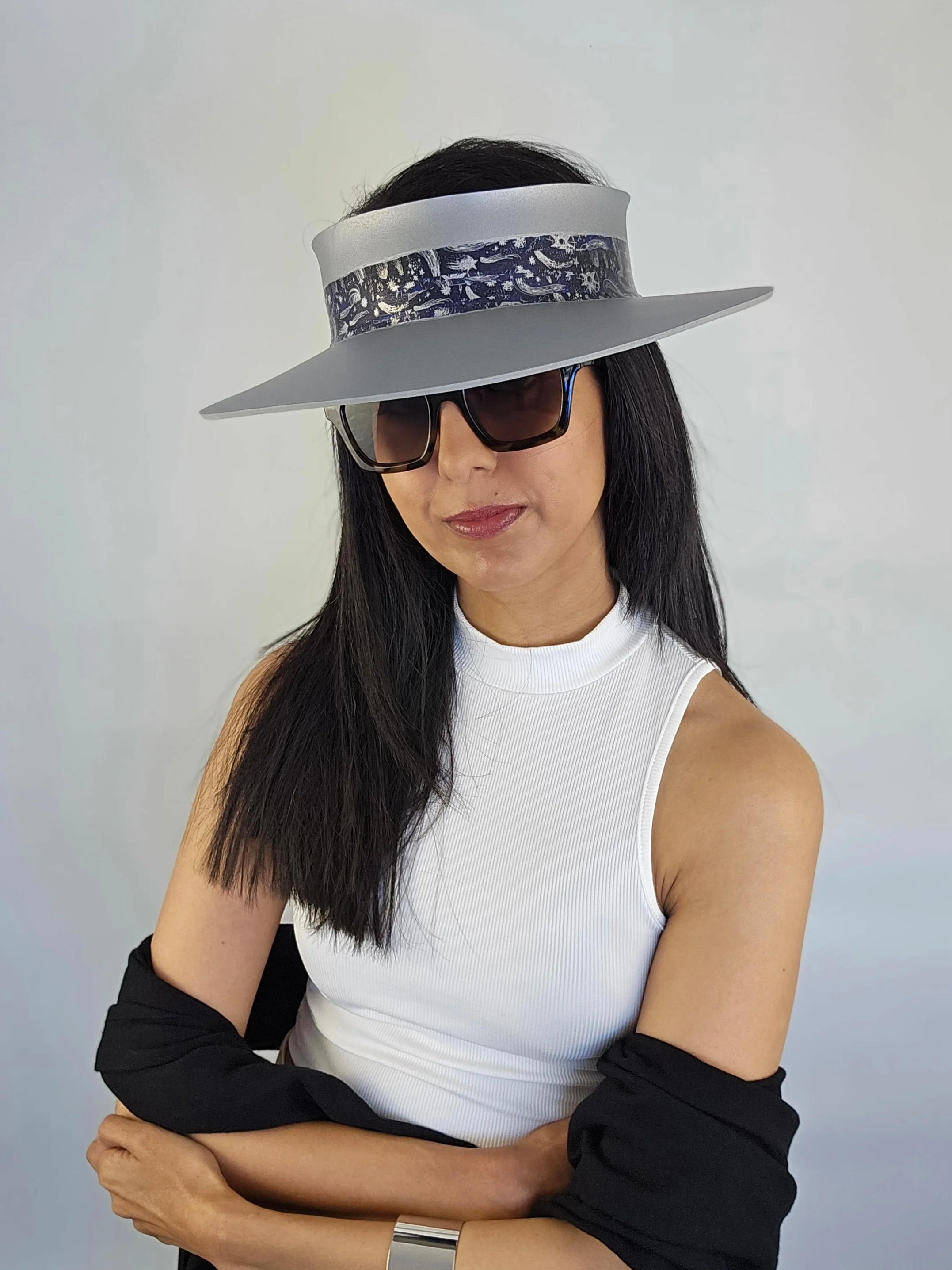 Silver "LadyEVA" Visor Hat with Dark Blue and Silver Celestial Themed Band