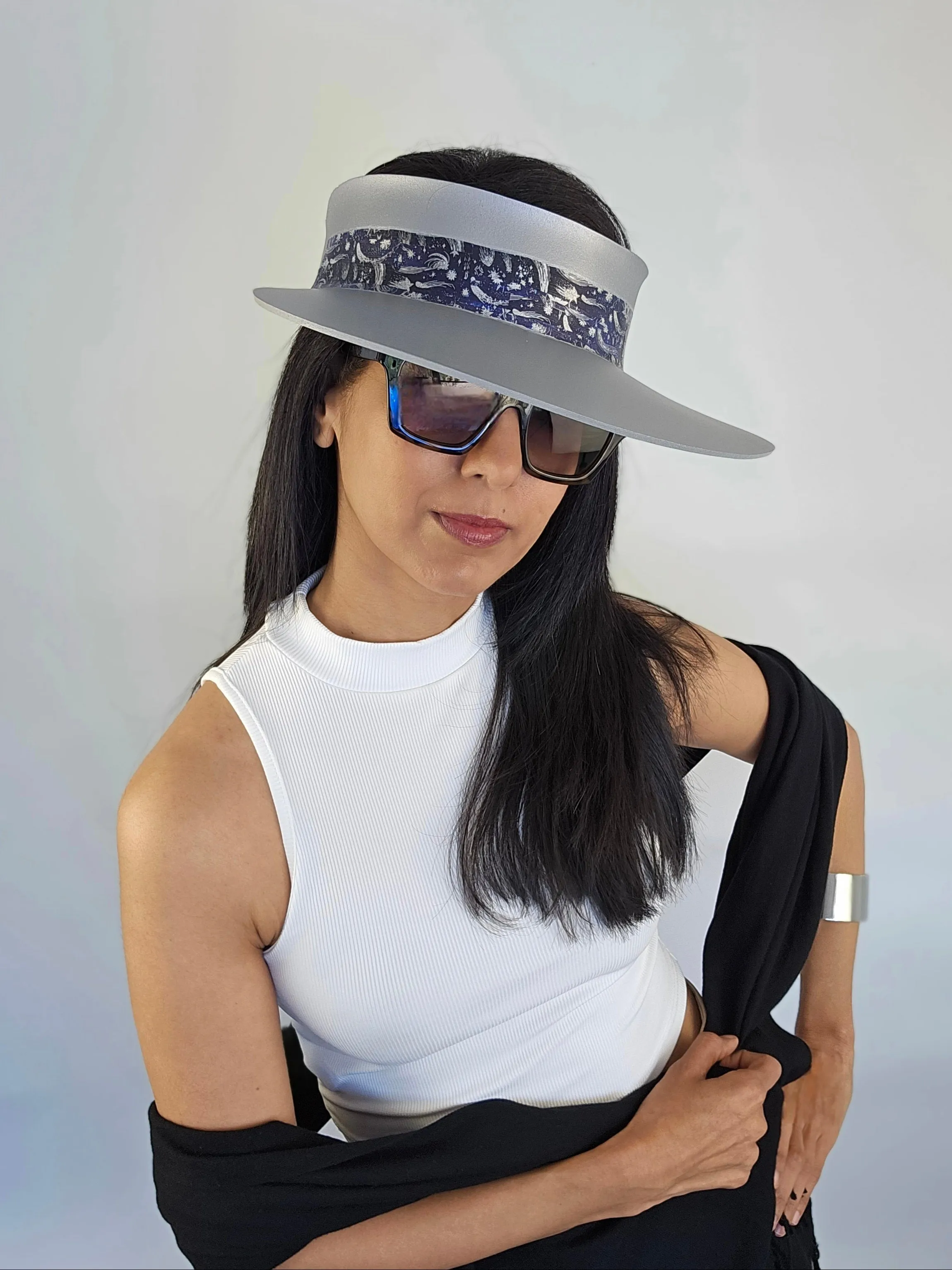 Silver "LadyEVA" Visor Hat with Dark Blue and Silver Celestial Themed Band