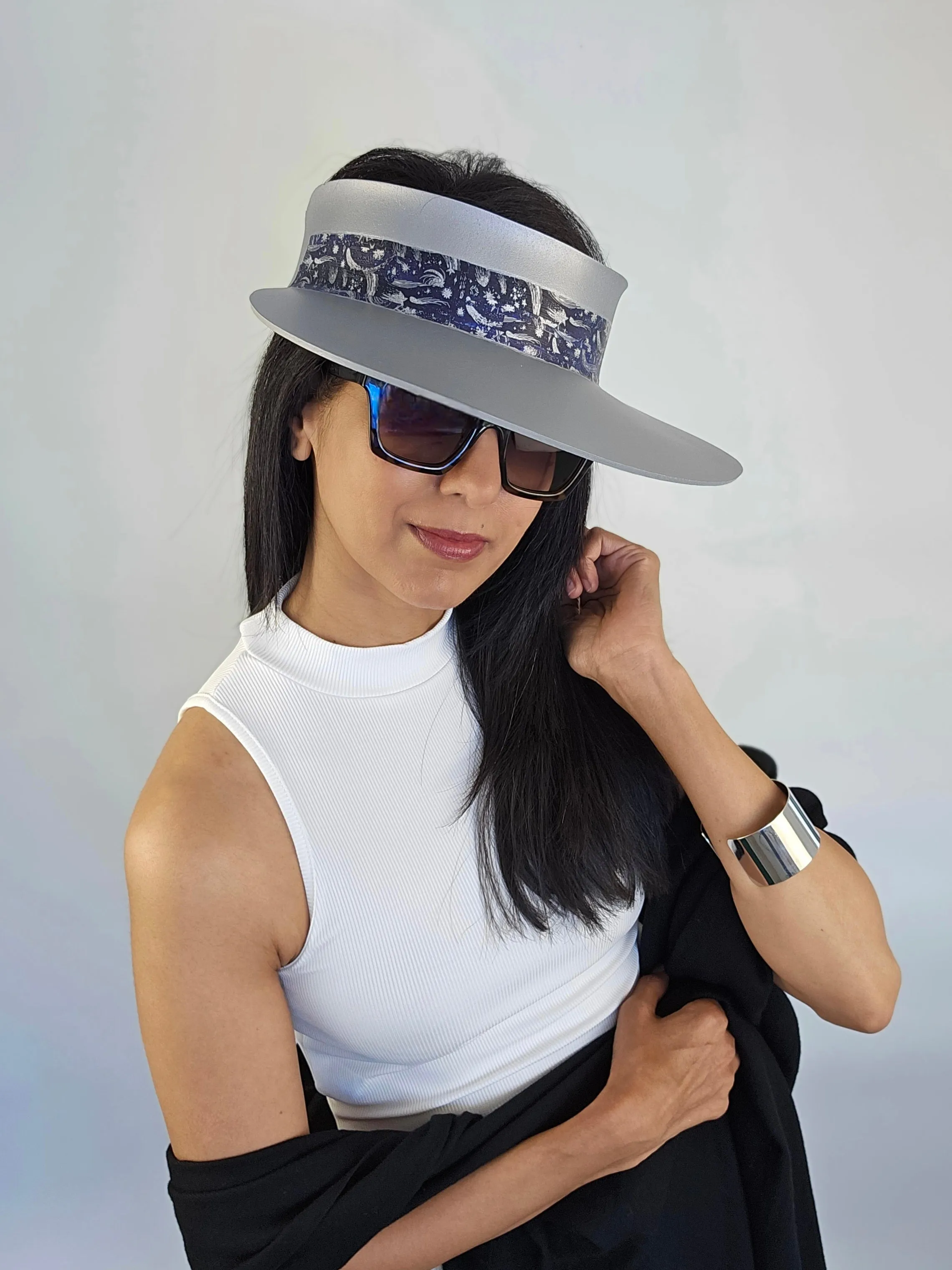 Silver "LadyEVA" Visor Hat with Dark Blue and Silver Celestial Themed Band