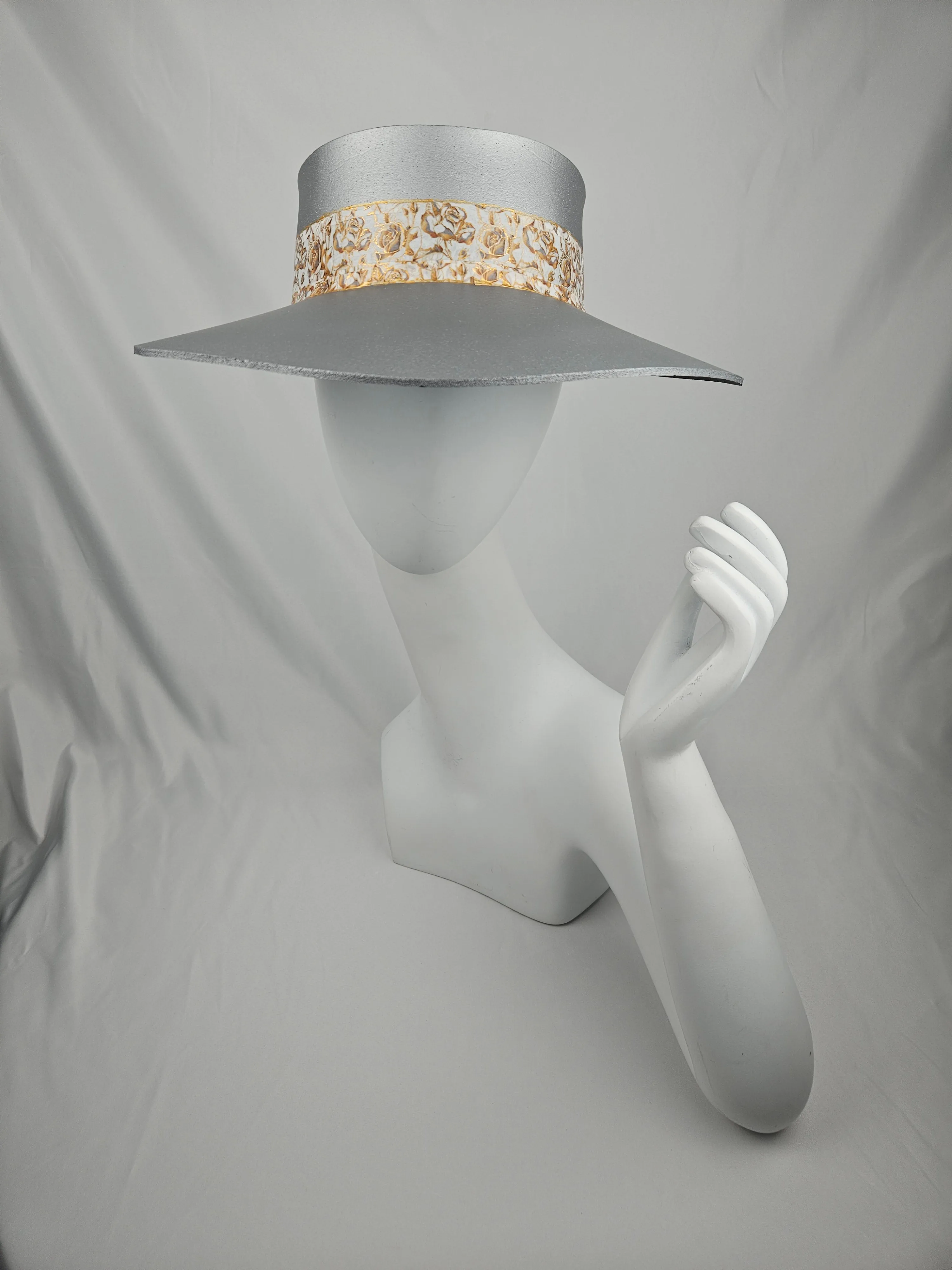 Silver "LadyEVA" Visor Hat with Elegant Golden Floral Band and Handpainted Floral Motif