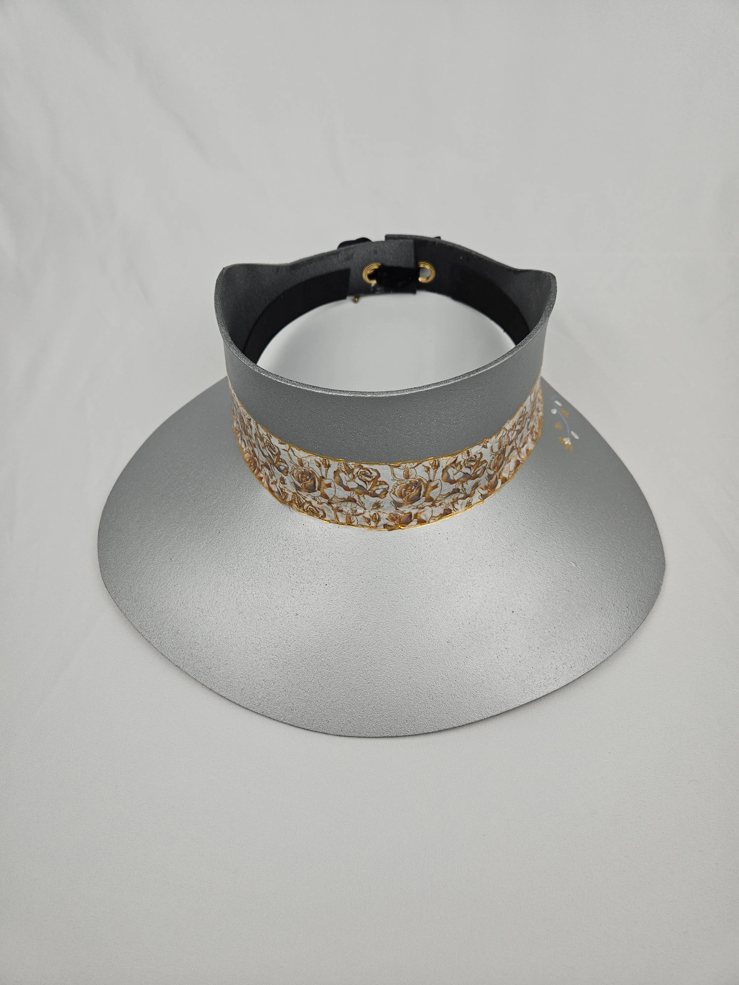 Silver "LadyEVA" Visor Hat with Elegant Golden Floral Band and Handpainted Floral Motif