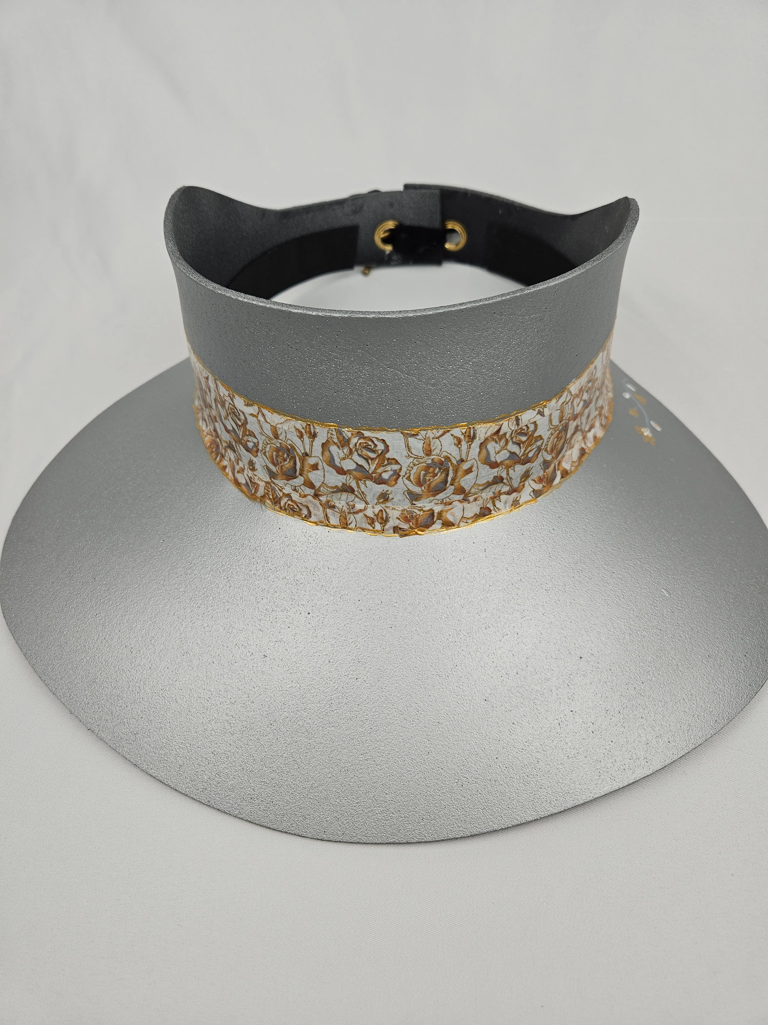 Silver "LadyEVA" Visor Hat with Elegant Golden Floral Band and Handpainted Floral Motif