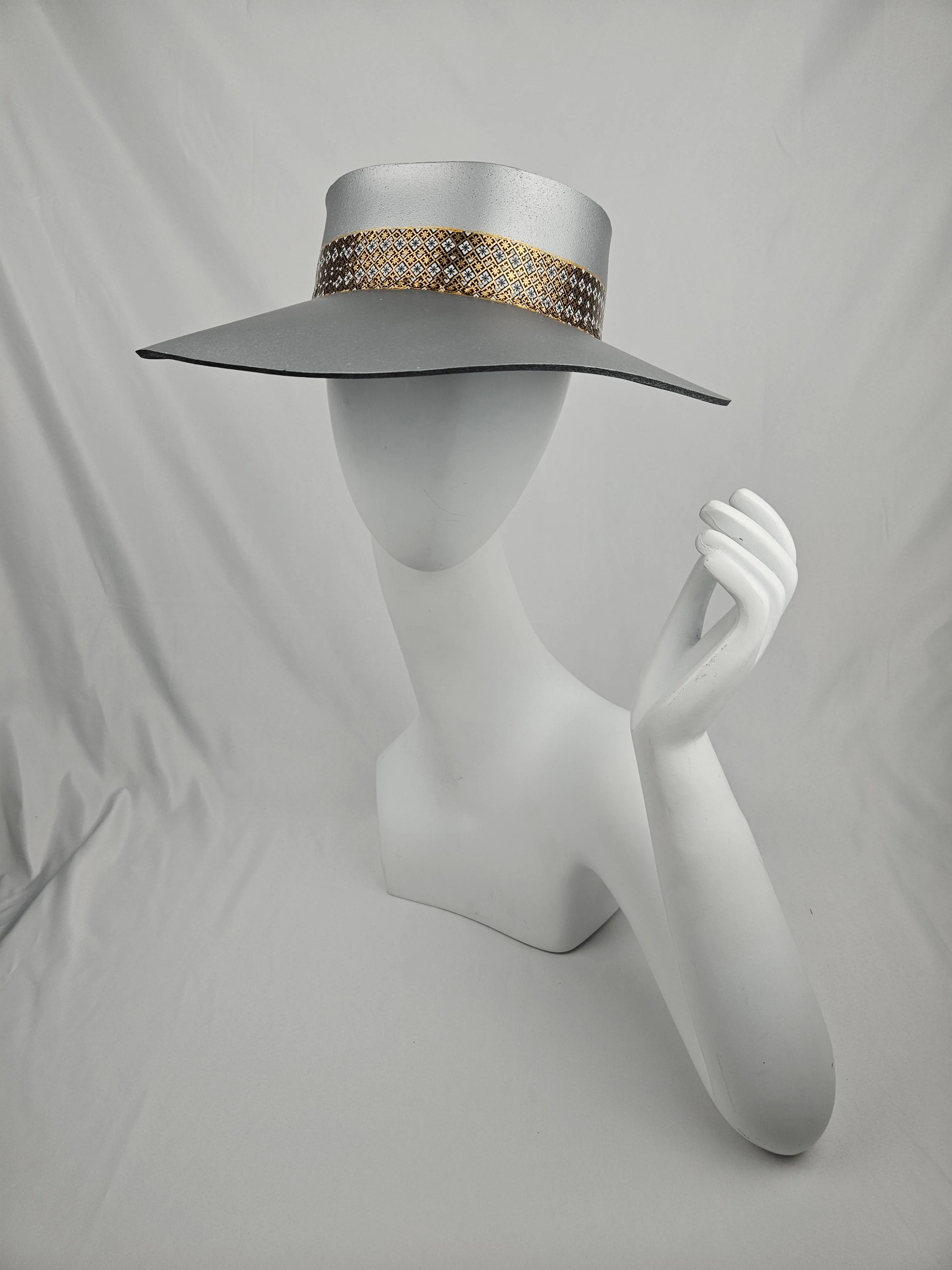 Silver "LadyEVA" Visor Hat with Gold, Black Geometric Band