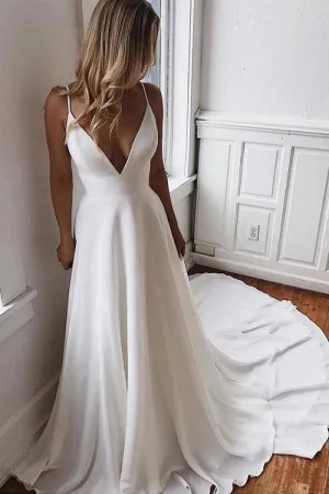 Simple Spaghetti Strap Chiffon Beach Wedding Dress with Beading Back UQ2433