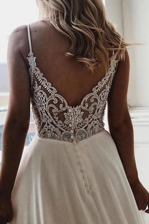 Simple Spaghetti Strap Chiffon Beach Wedding Dress with Beading Back UQ2433