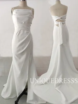 Simple Spaghetti Straps Beach Wedding Dress with Slit, Bridal Dress UQW0062