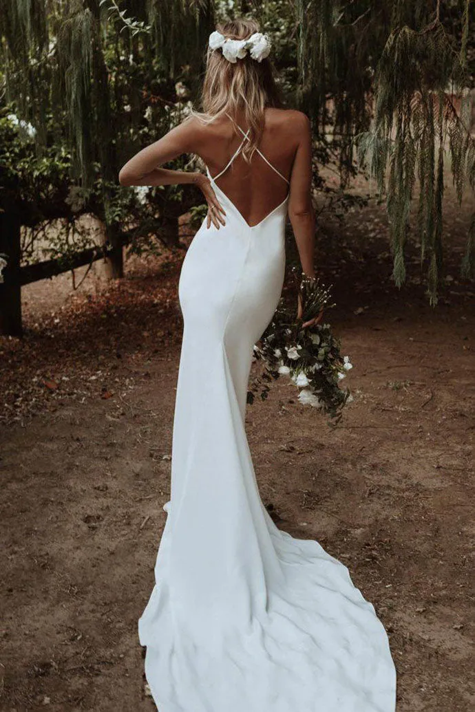 Simple Spaghetti Straps Mermaid Beach Wedding Dress, Elegant Bridal Dress UQW0008