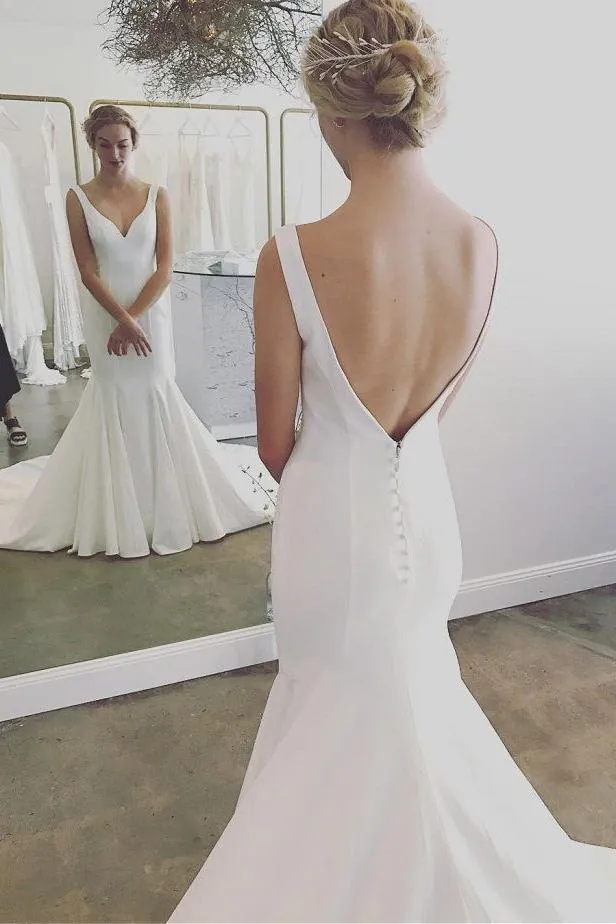 Simple V Neck Mermaid Long Beach Wedding Dresses, Backless Bridal Dresses UQ1993