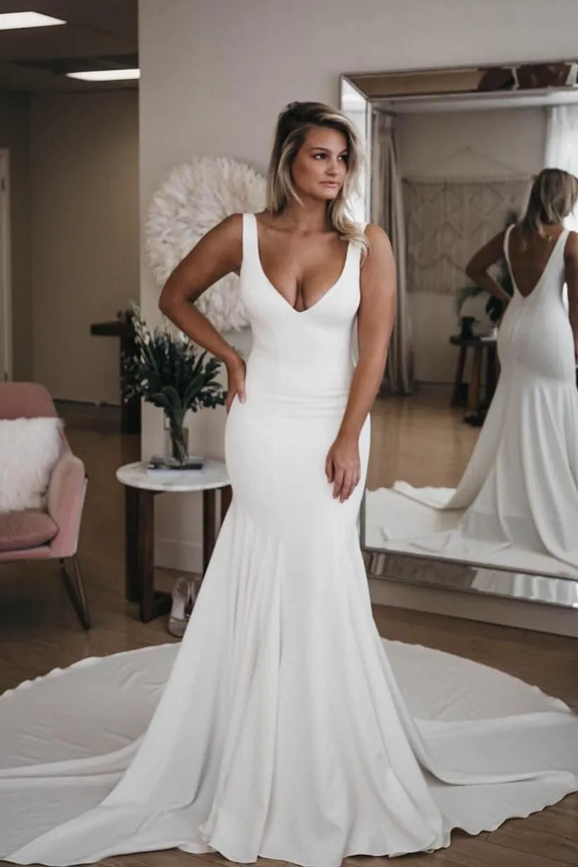 Simple V Neck Mermaid Wedding Dress with Long Train, Backless Beach Wedding Dress UQ1723