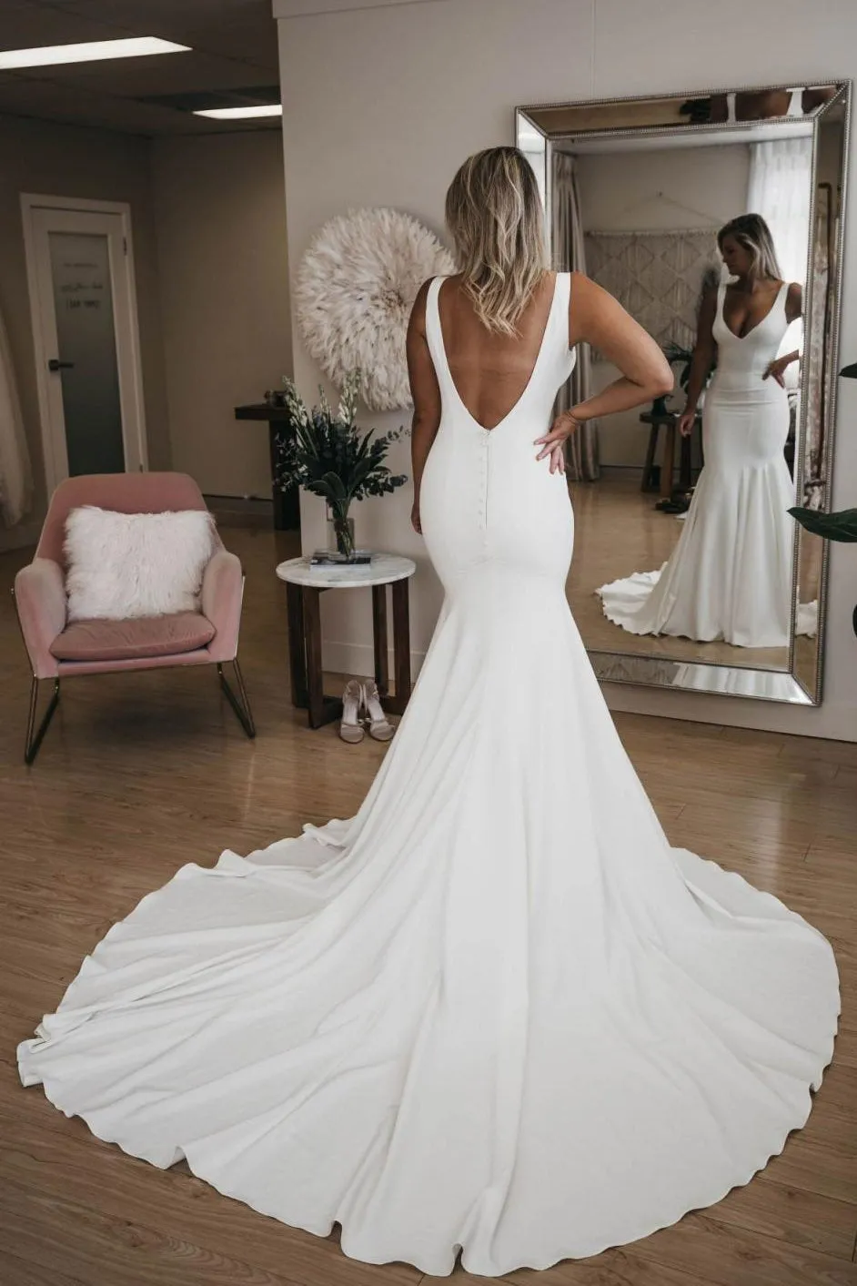 Simple V Neck Mermaid Wedding Dress with Long Train, Backless Beach Wedding Dress UQ1723