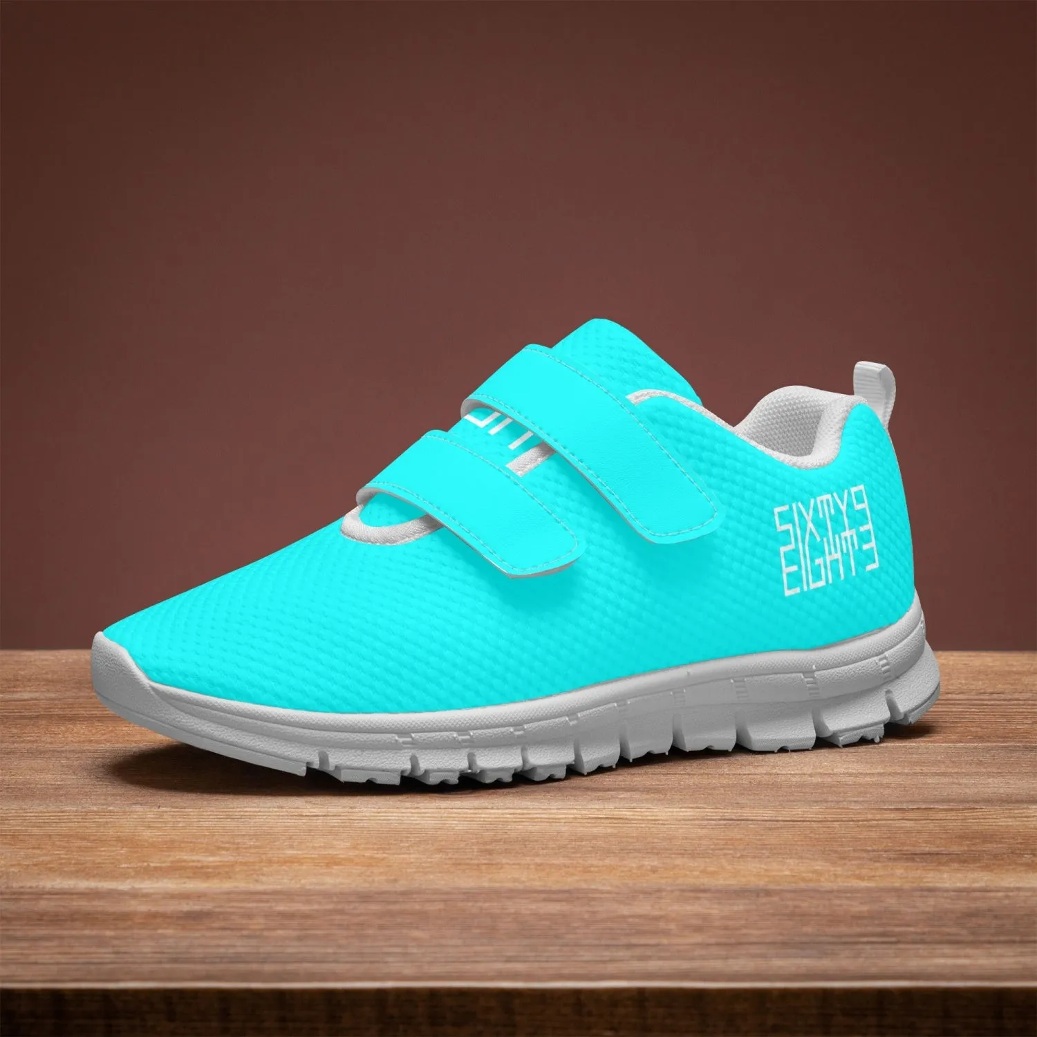 Sixty Eight 93 Logo White Aqua Blue Kids Lightweight Velcro Shoe