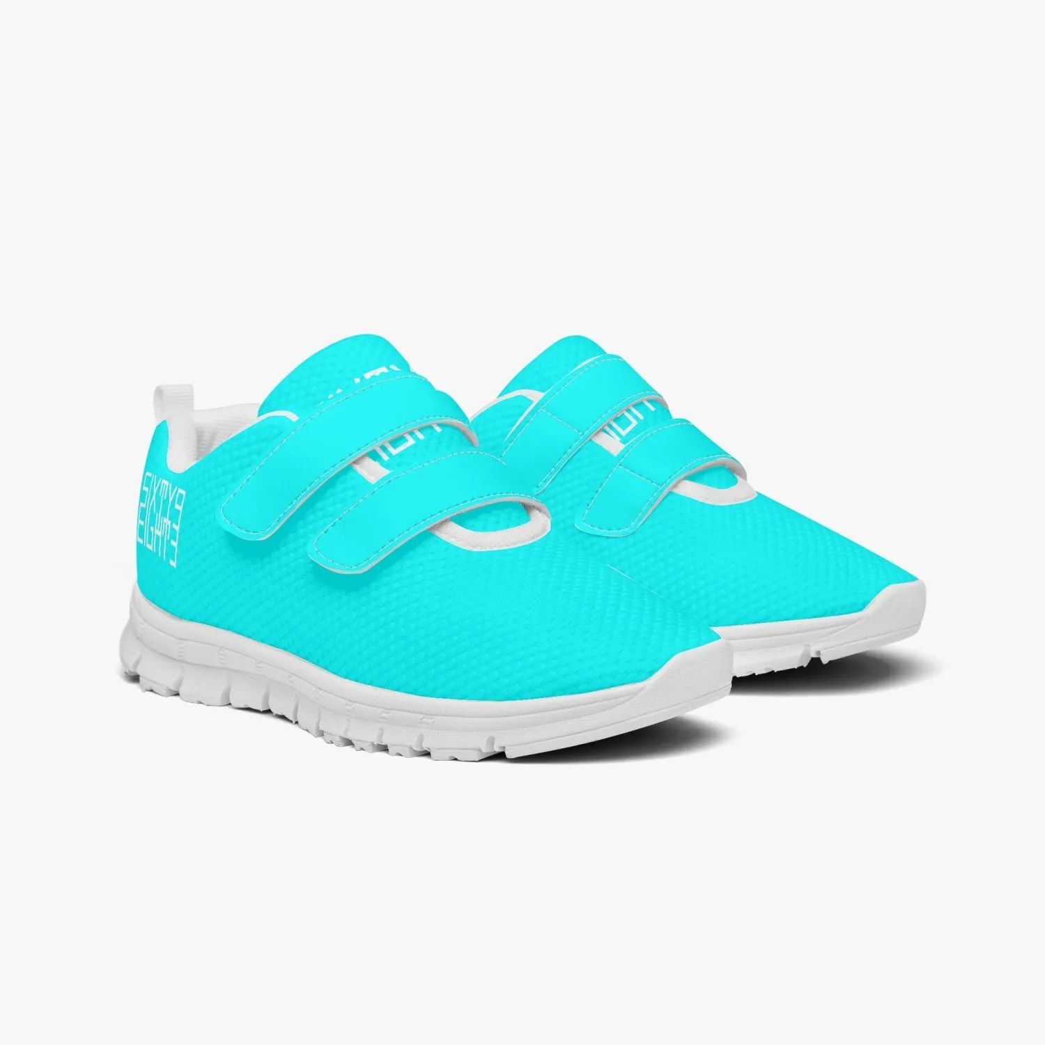 Sixty Eight 93 Logo White Aqua Blue Kids Lightweight Velcro Shoe