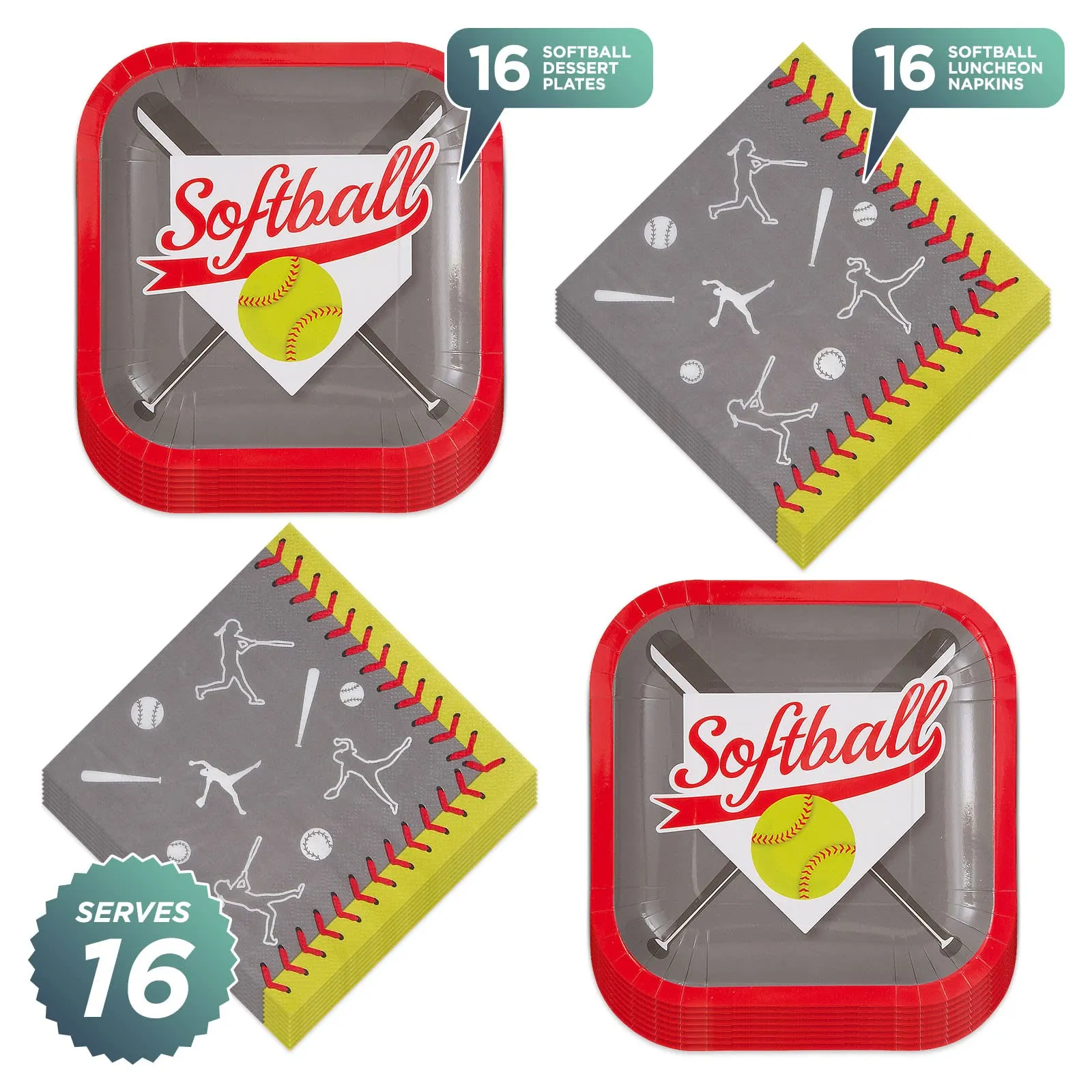 Softball Party Supplies Sports Team Paper Dessert Plates and Beverage Napkins (Serves 16)