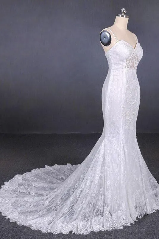 Spaghetti Straps Mermaid Bridal Dress with Appliques, Lace Beach Wedding Dresses UQ2295