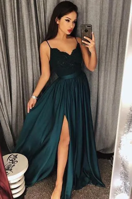 Spaghetti Straps V neck Split Prom Dress with Lace,Maxi High Split Evening Gowns