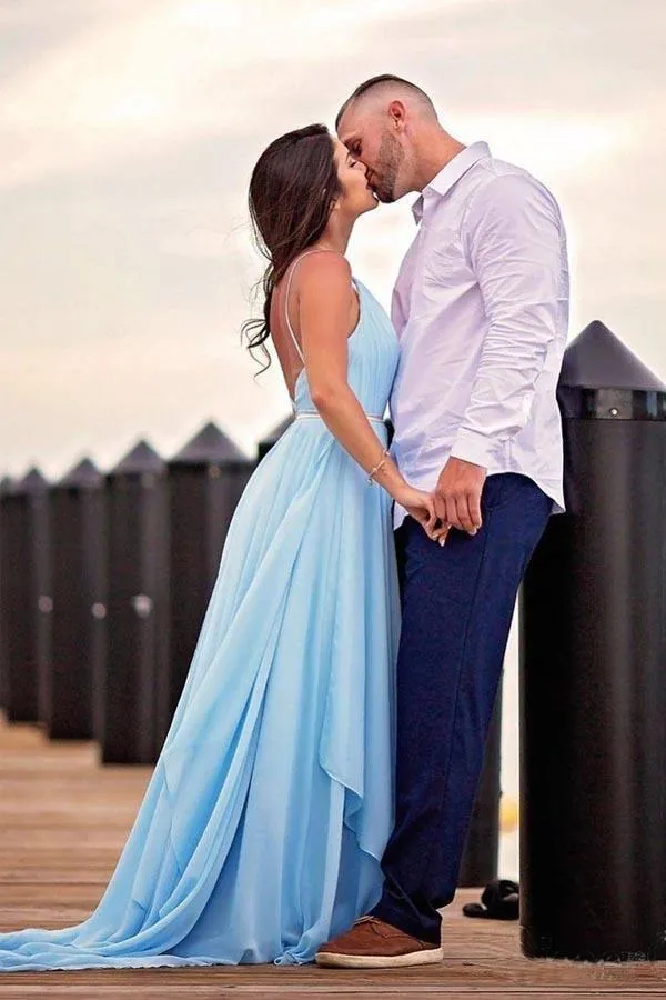 Split Sky Blue Rustic Wedding Dresses Beach Wedding Gown with Court Train  WD289