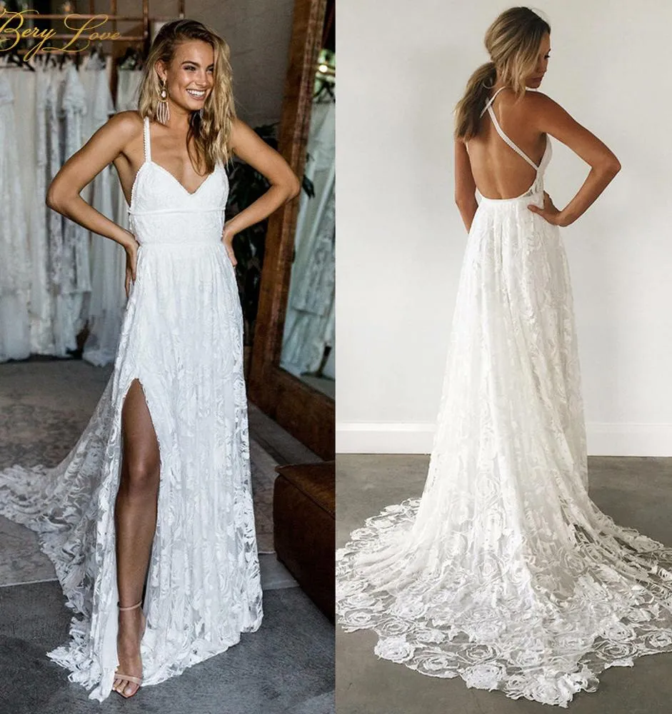 Straps Long Lace Wedding Dresses, Charming Lace Beach Wedding Dresses UQ2274