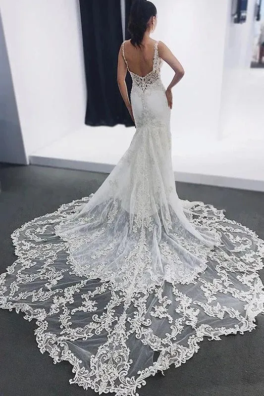 Straps Mermaid Sleeveless Wedding Dress with Lace Appliques, Beach Wedding Dress with Lace UQ2358