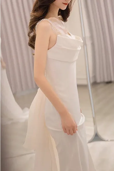 Straps Satin Mermaid Beach Wedding Dress with Beading, Long Bridal Dresses UQW0120