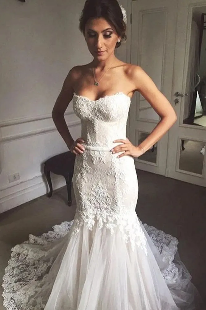 Sweetheart Mermaid Tulle Wedding Dresses Lace Appliques Bridal Gown OW695