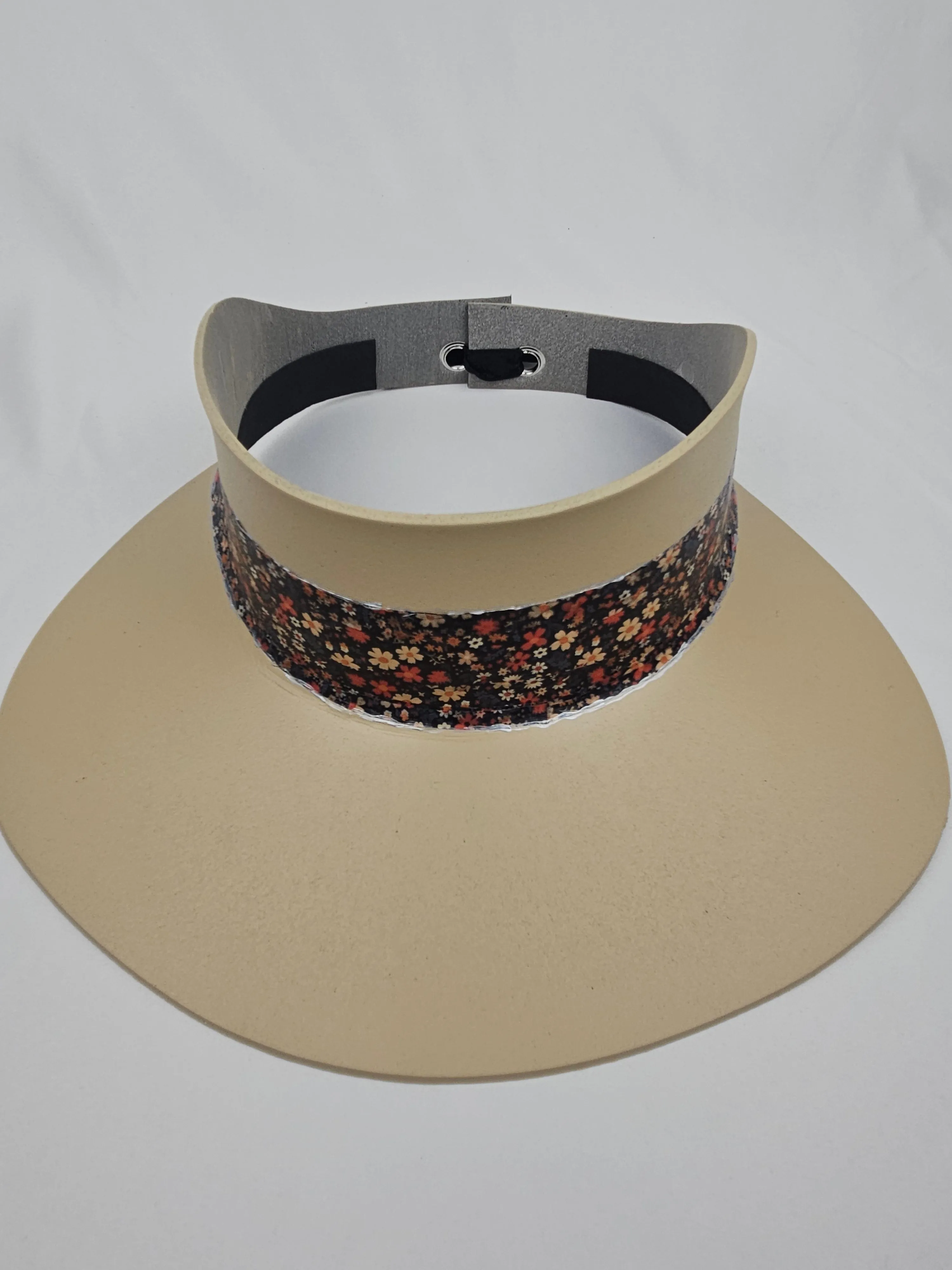 Tall Beige "LadyEVA" Visor Hat with Black Multicolored Floral Band