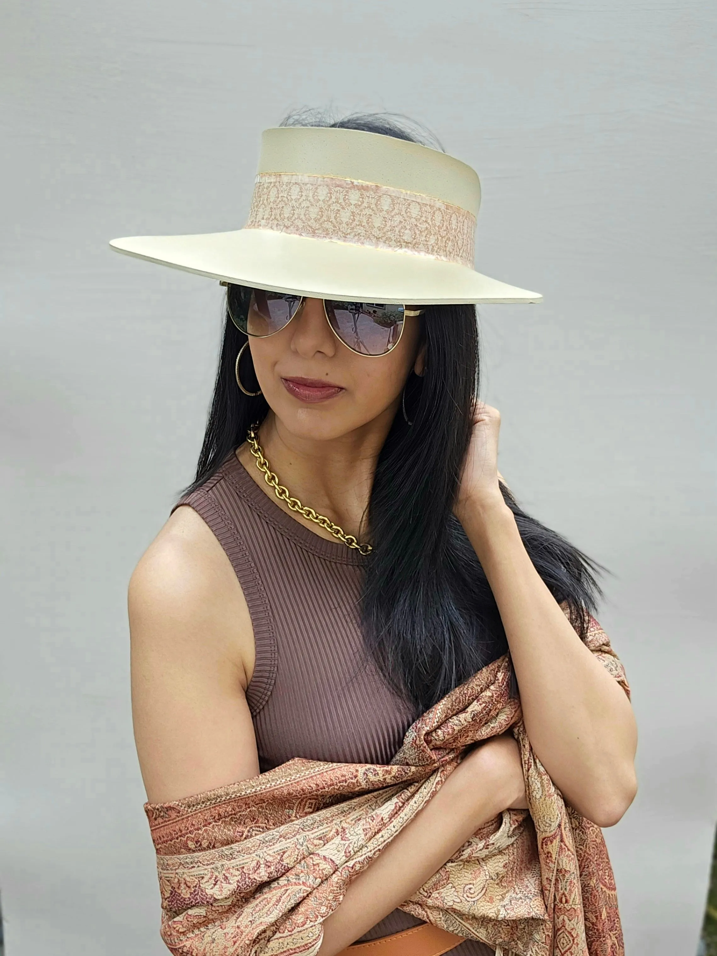 Tall Beige "LadyEVA" Visor Hat with Delicate Warm Brown Band