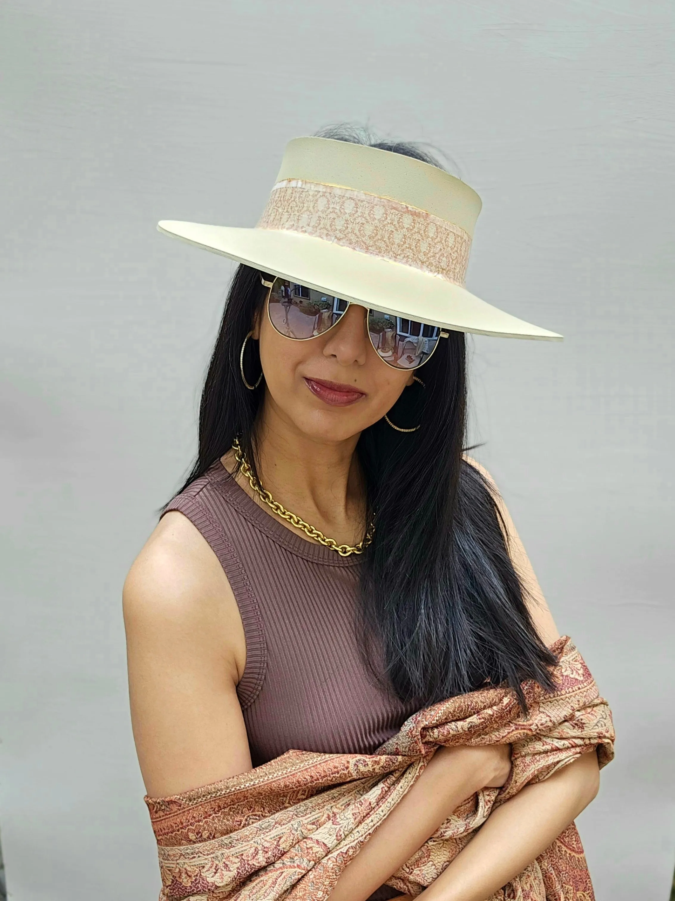 Tall Beige "LadyEVA" Visor Hat with Delicate Warm Brown Band