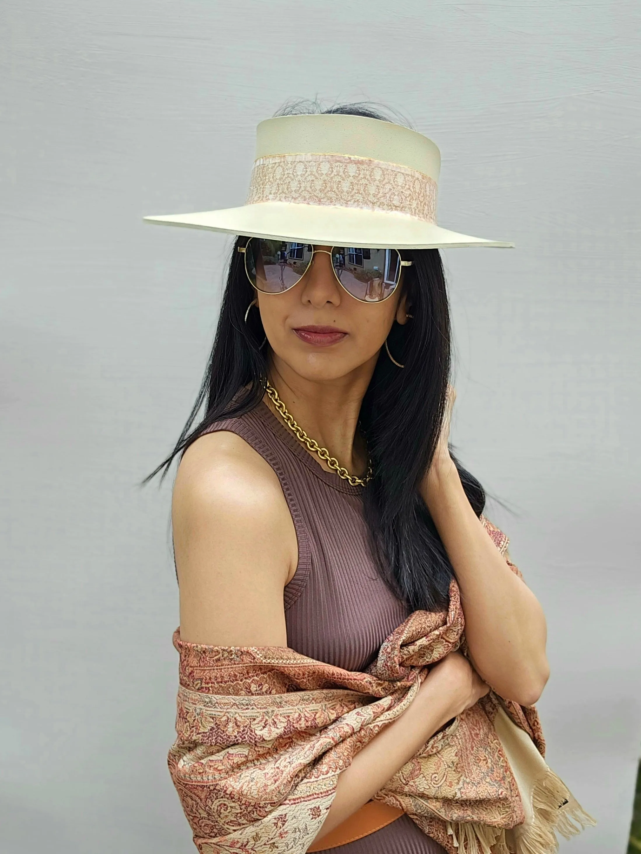 Tall Beige "LadyEVA" Visor Hat with Delicate Warm Brown Band