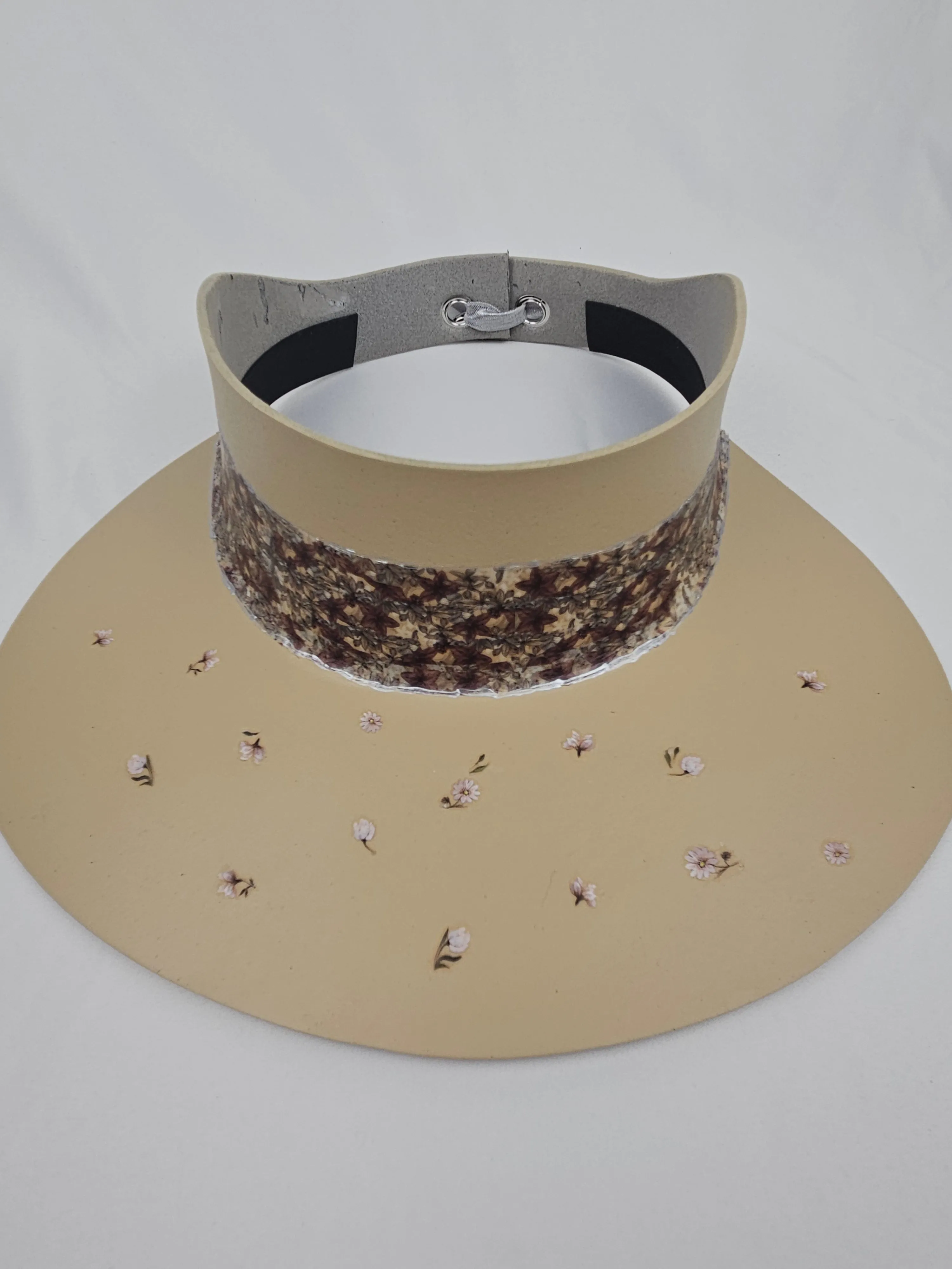 Tall Beige "LadyEVA" Visor Hat with Dulled Purple Floral Band