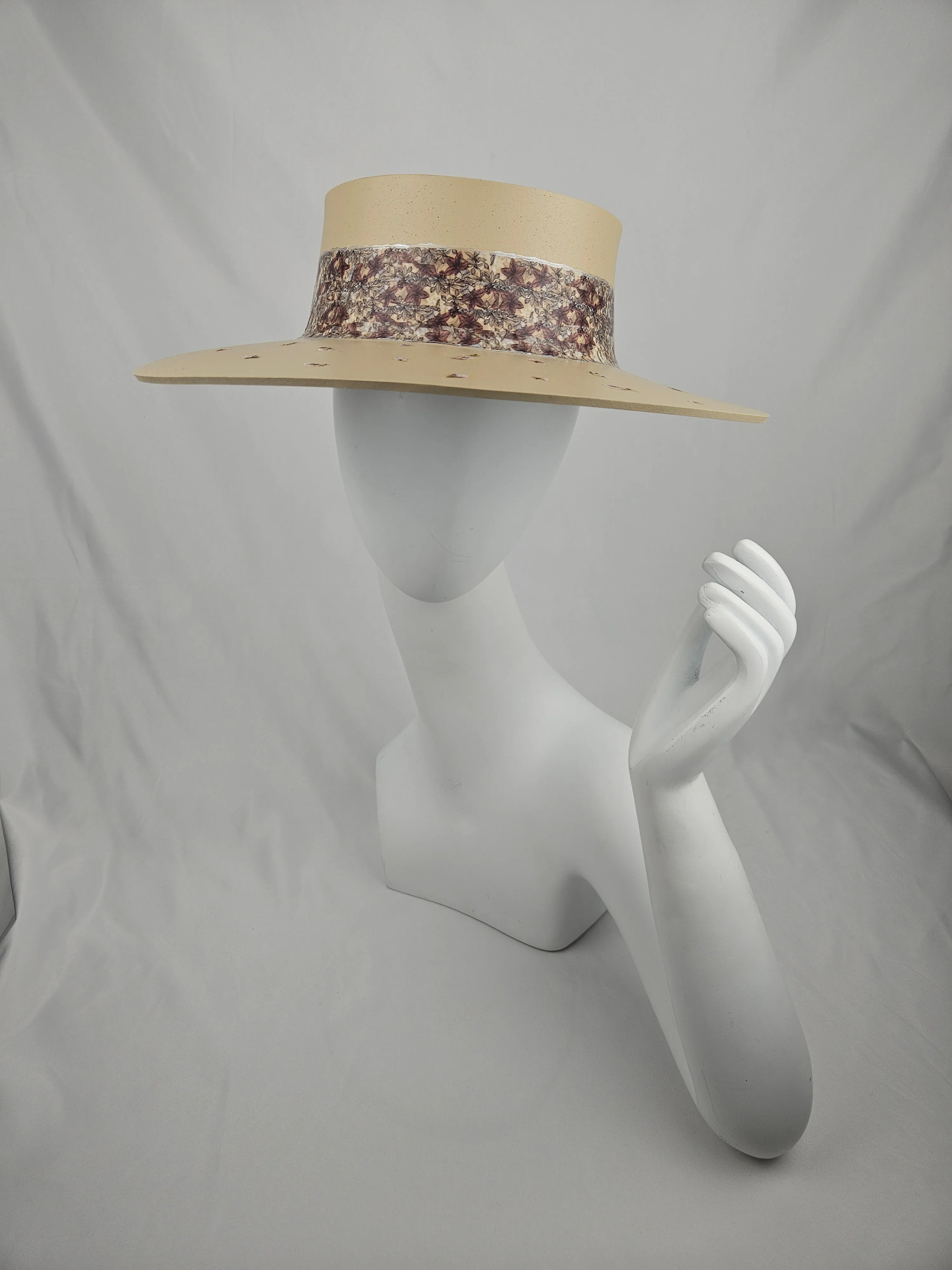 Tall Beige "LadyEVA" Visor Hat with Dulled Purple Floral Band