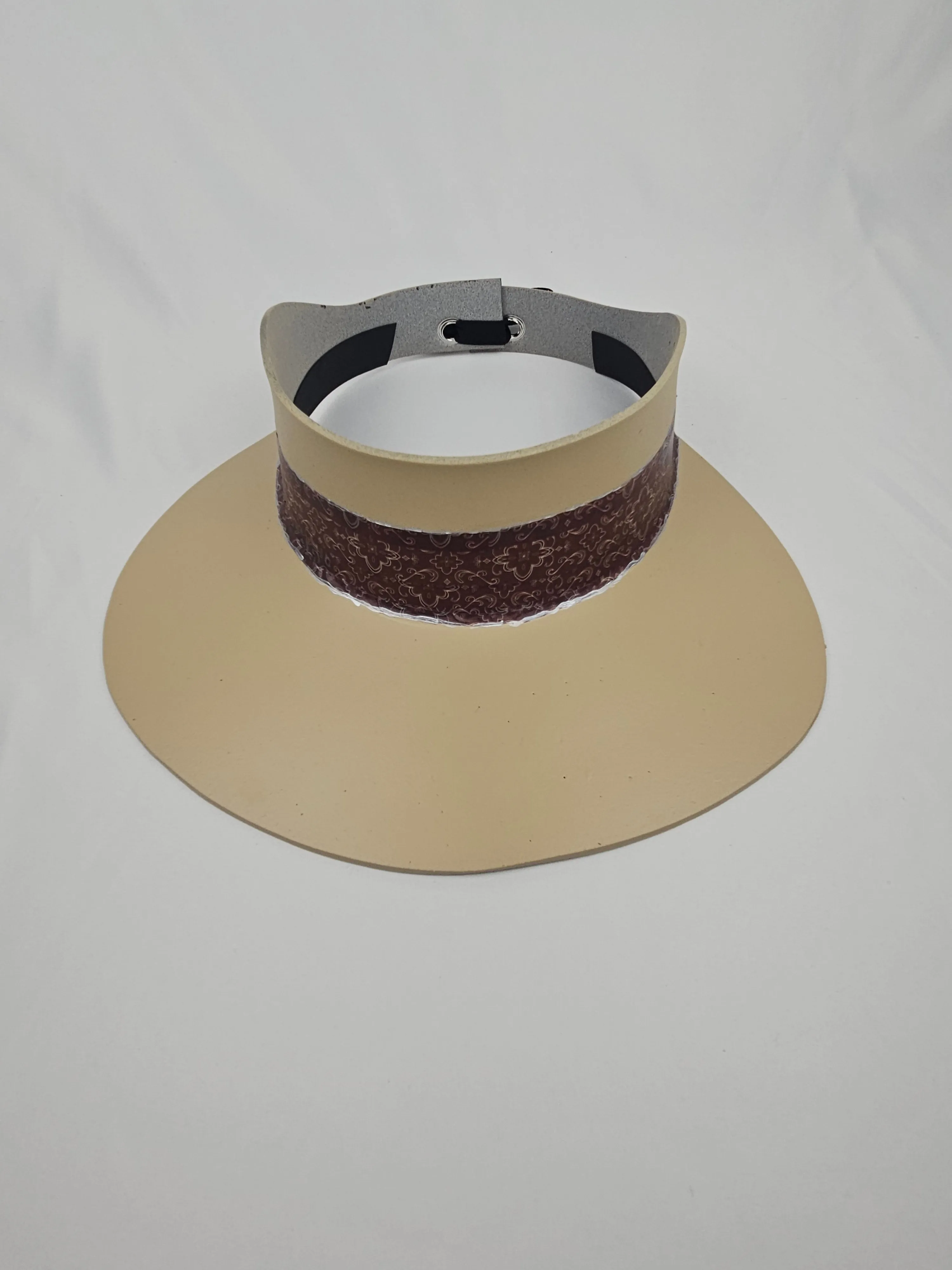 Tall Beige "LadyEVA" Visor Hat with Geometric Burgundy Band