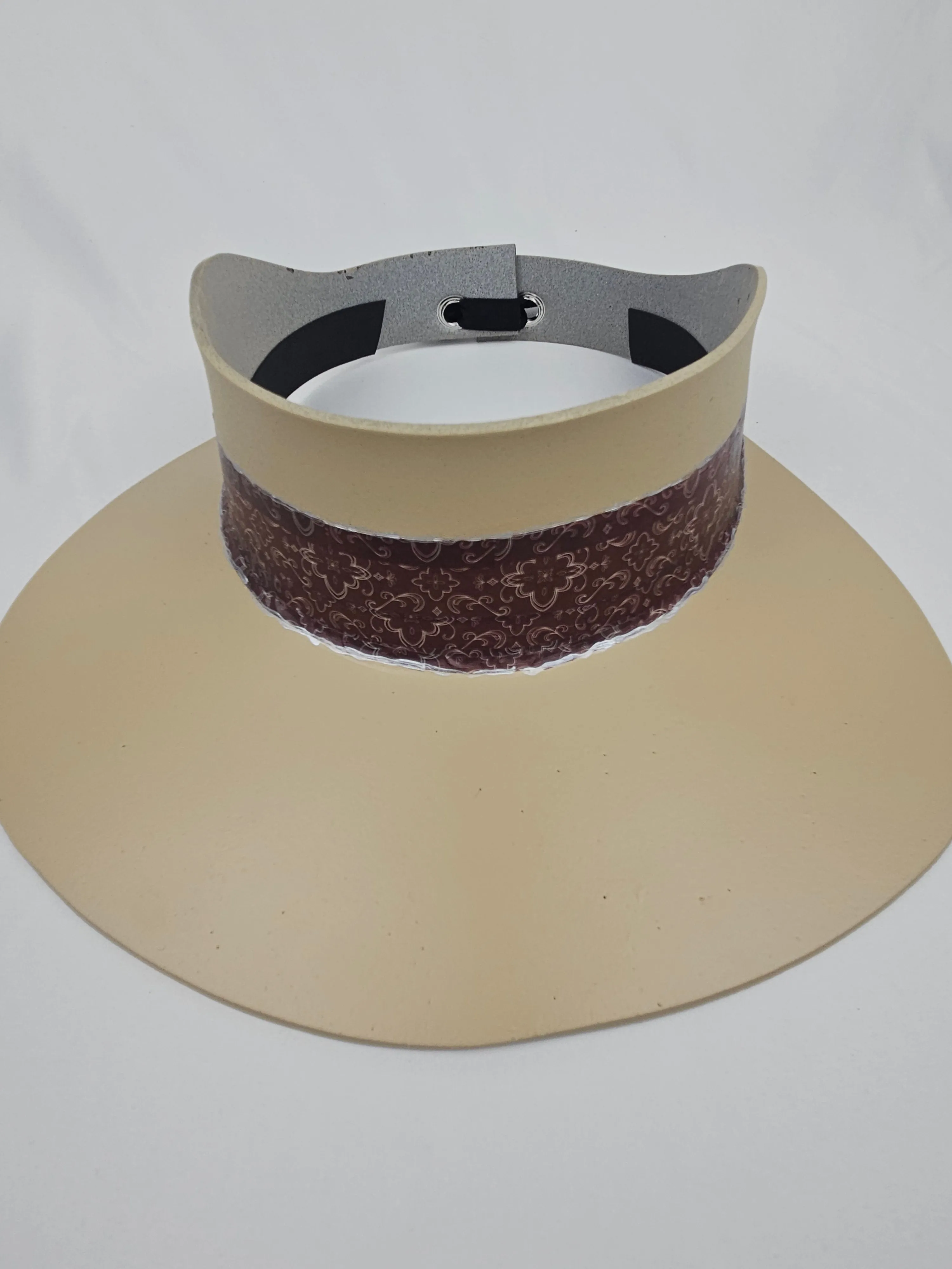 Tall Beige "LadyEVA" Visor Hat with Geometric Burgundy Band