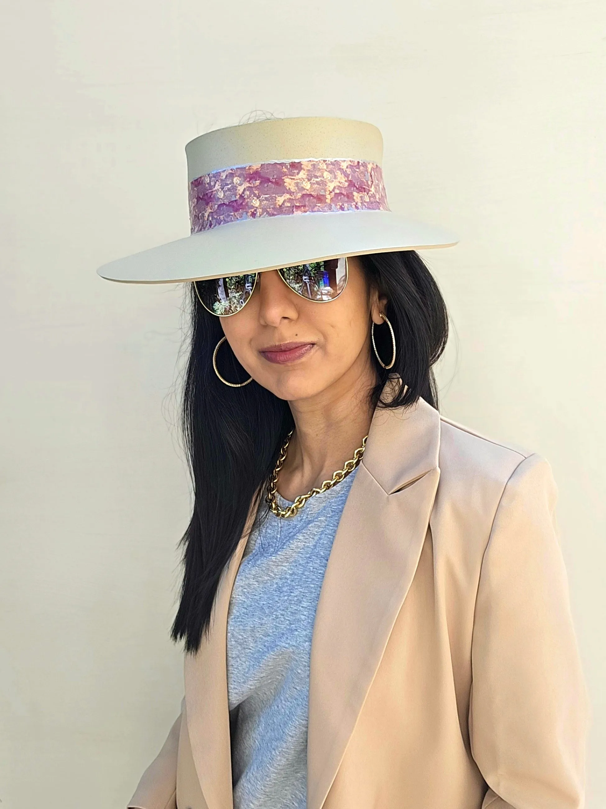 Tall Beige "LadyEVA" Visor Hat with Marbled Magenta, Purple, Pink Band