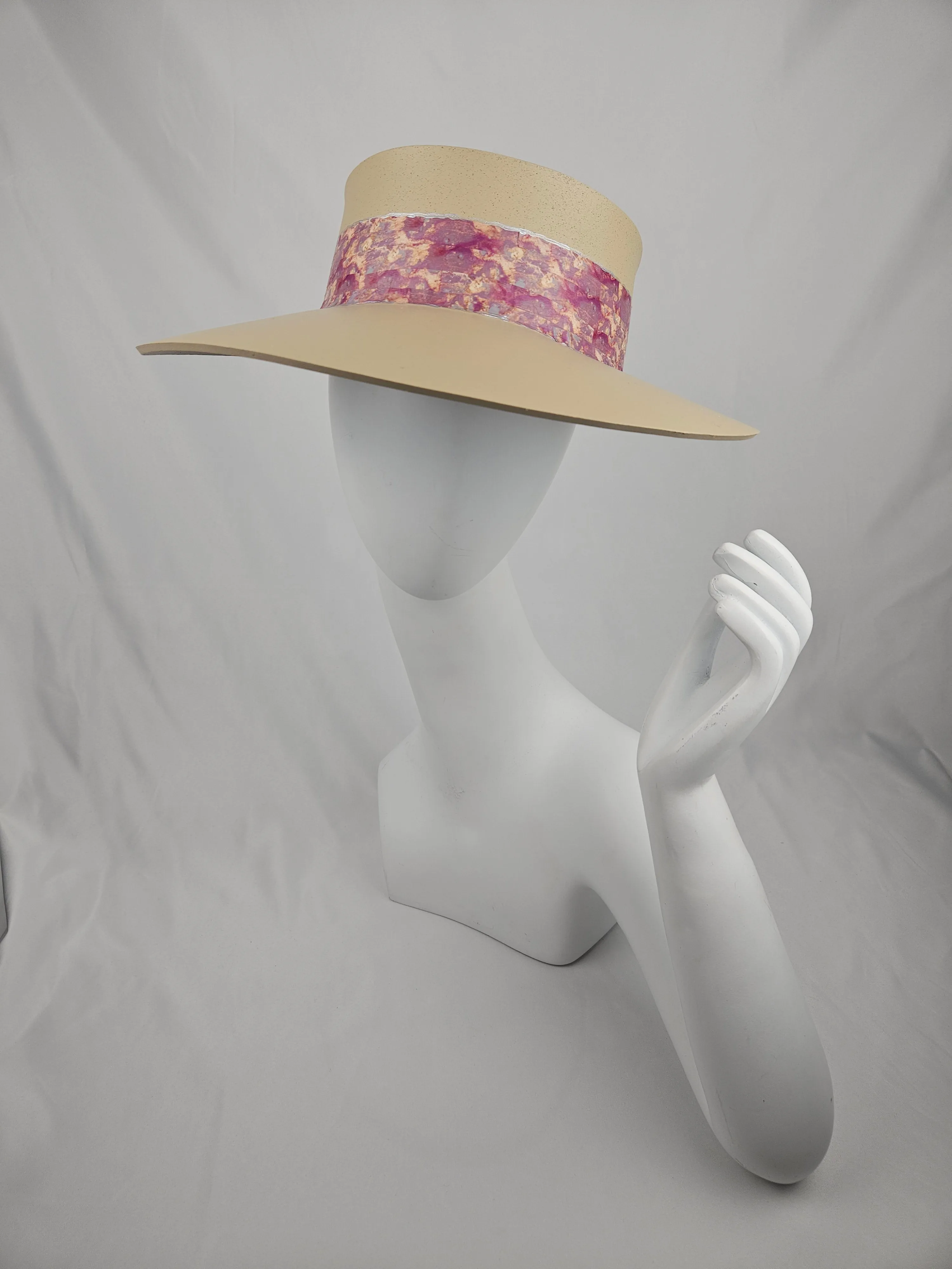 Tall Beige "LadyEVA" Visor Hat with Marbled Magenta, Purple, Pink Band