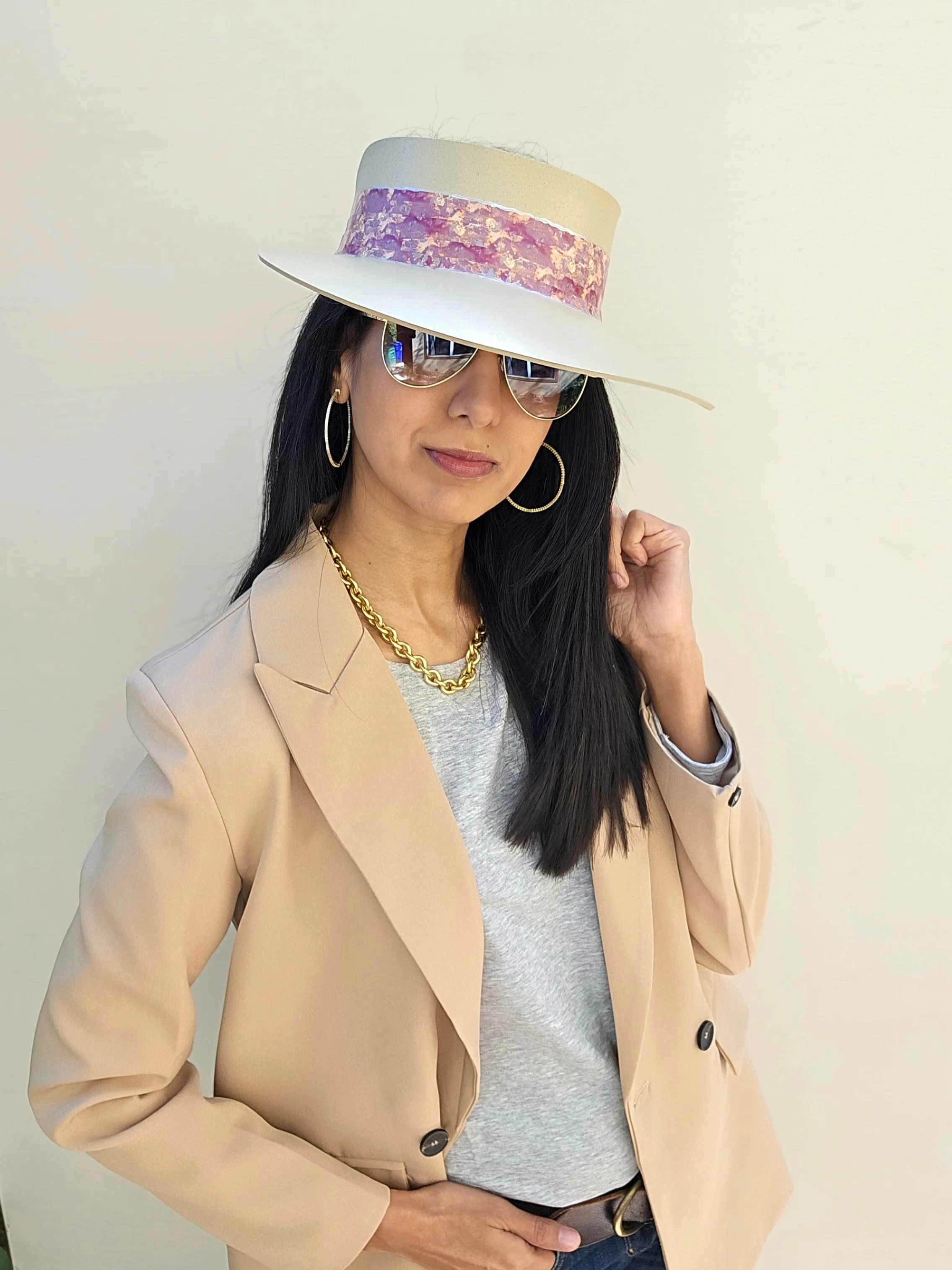 Tall Beige "LadyEVA" Visor Hat with Marbled Magenta, Purple, Pink Band