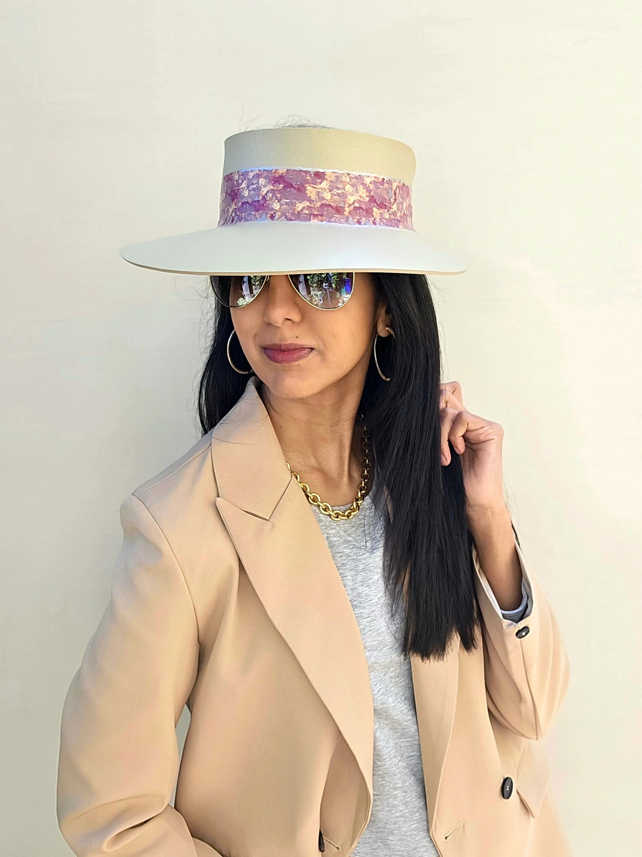 Tall Beige "LadyEVA" Visor Hat with Marbled Magenta, Purple, Pink Band