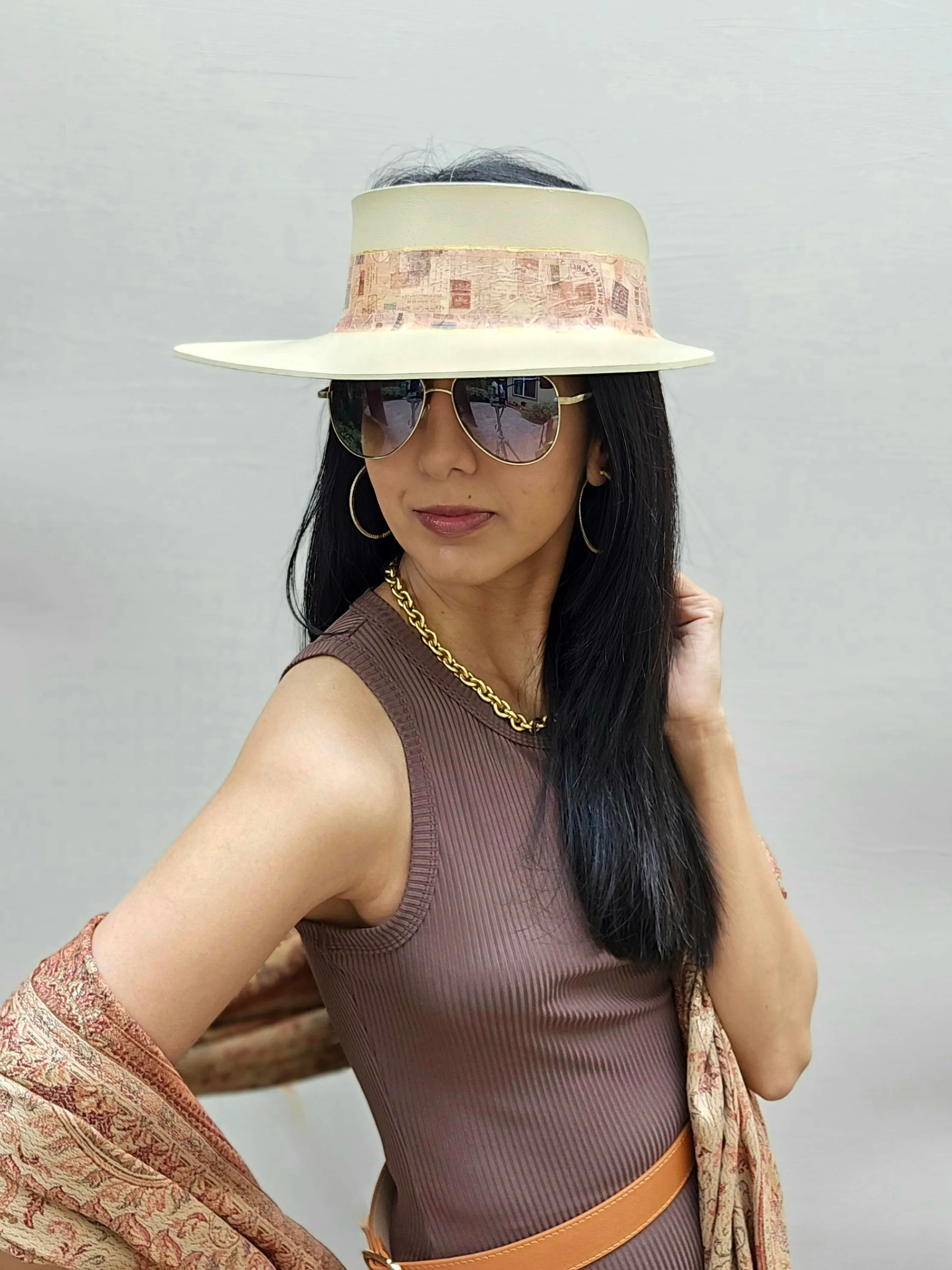 Tall Beige "LadyEVA" Visor Hat with Stylish Vintage Collage Band