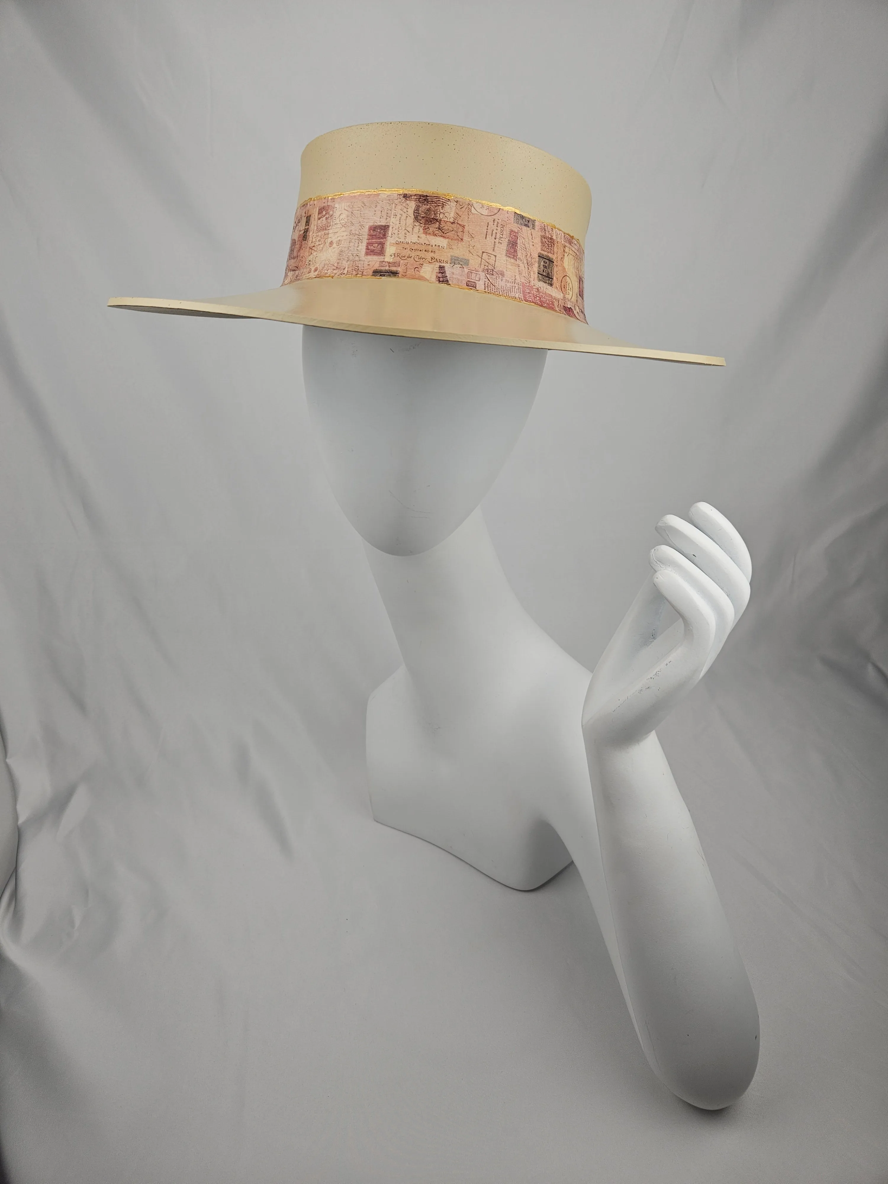 Tall Beige "LadyEVA" Visor Hat with Stylish Vintage Collage Band