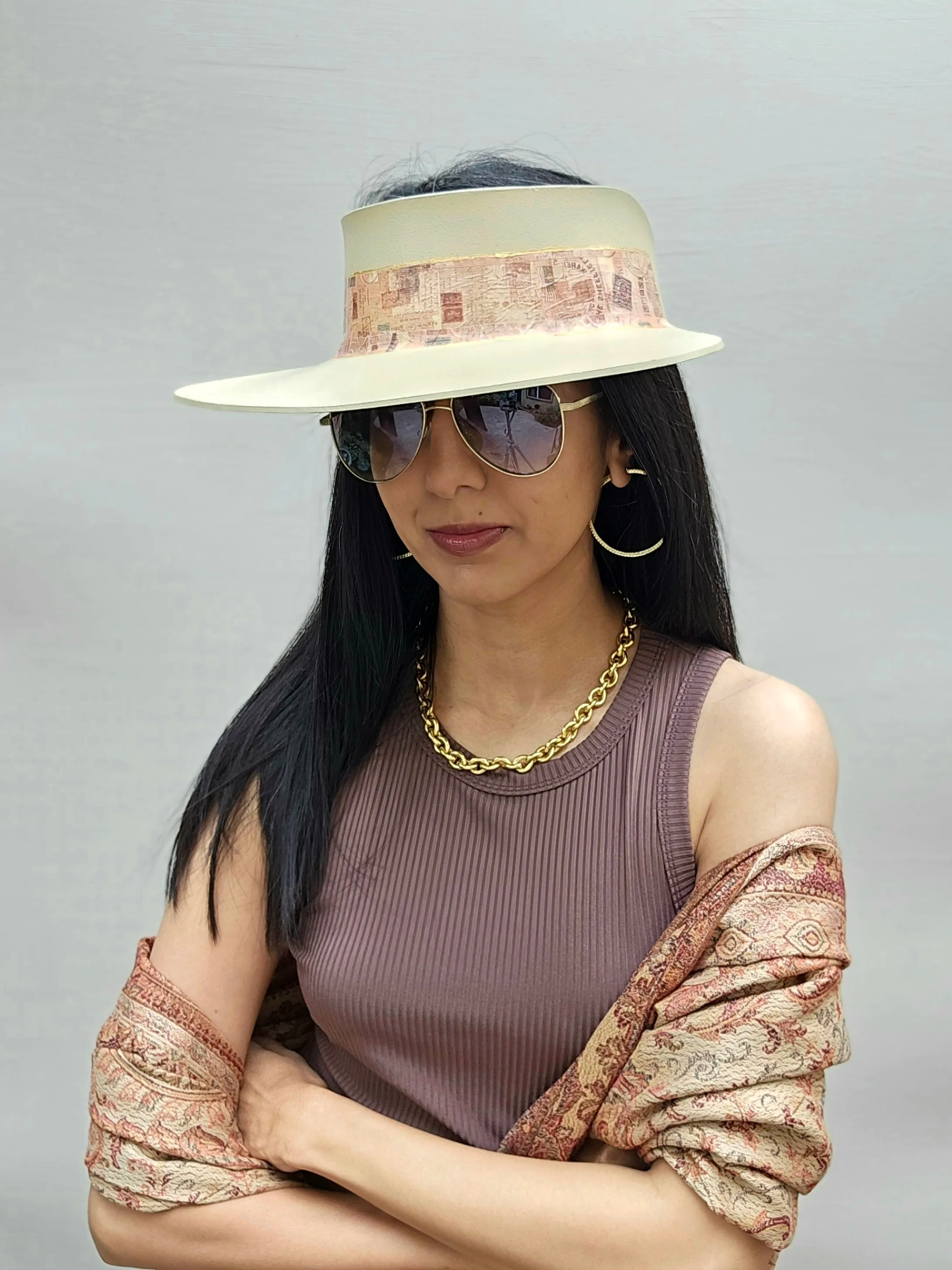 Tall Beige "LadyEVA" Visor Hat with Stylish Vintage Collage Band