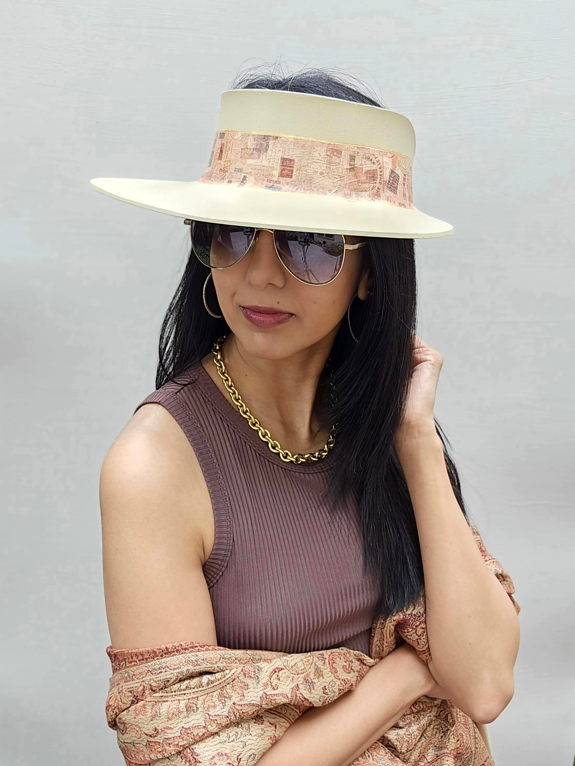 Tall Beige "LadyEVA" Visor Hat with Stylish Vintage Collage Band