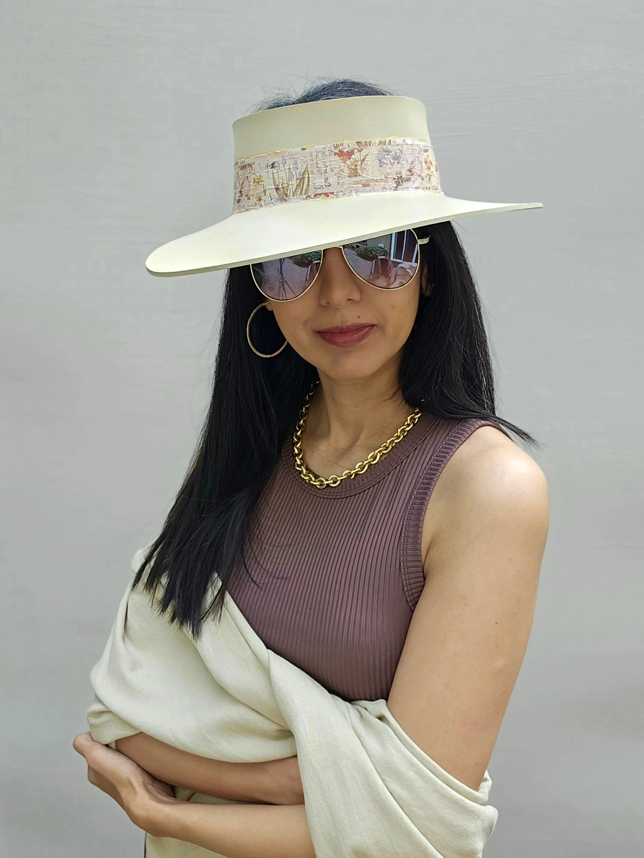 Tall Beige "LadyEVA" Visor Hat with Vintage Botanical Collage Band