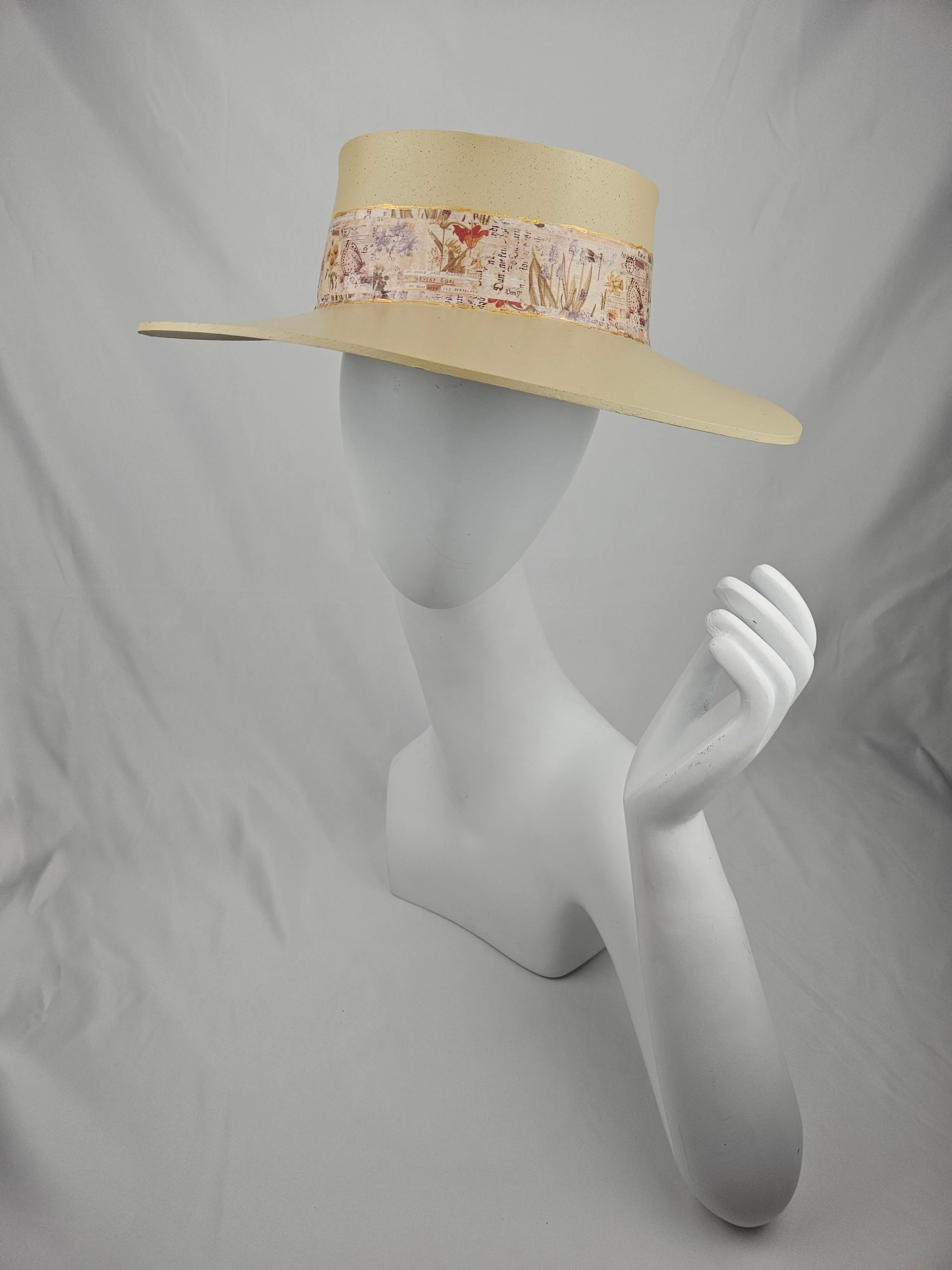 Tall Beige "LadyEVA" Visor Hat with Vintage Botanical Collage Band