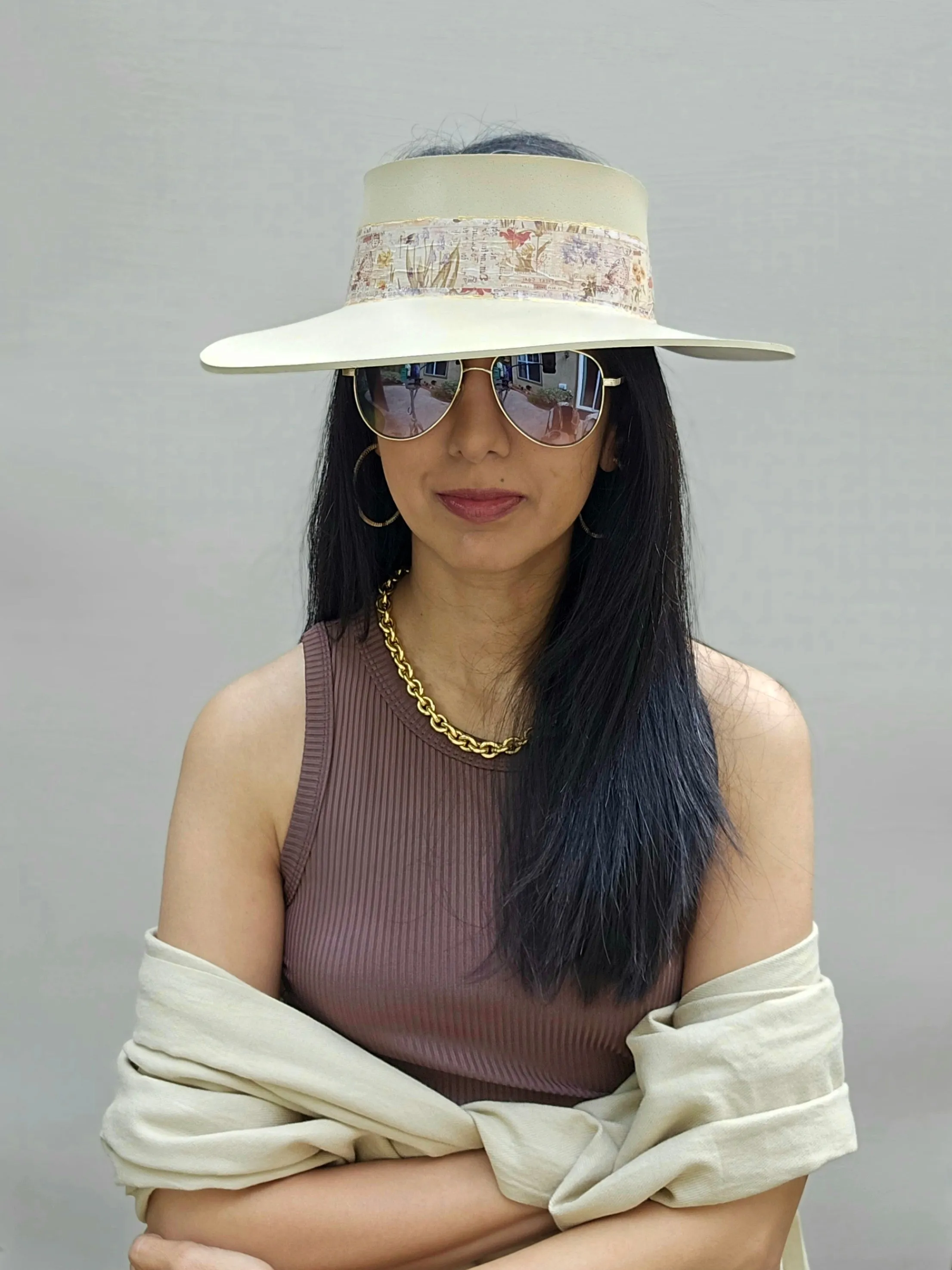 Tall Beige "LadyEVA" Visor Hat with Vintage Botanical Collage Band