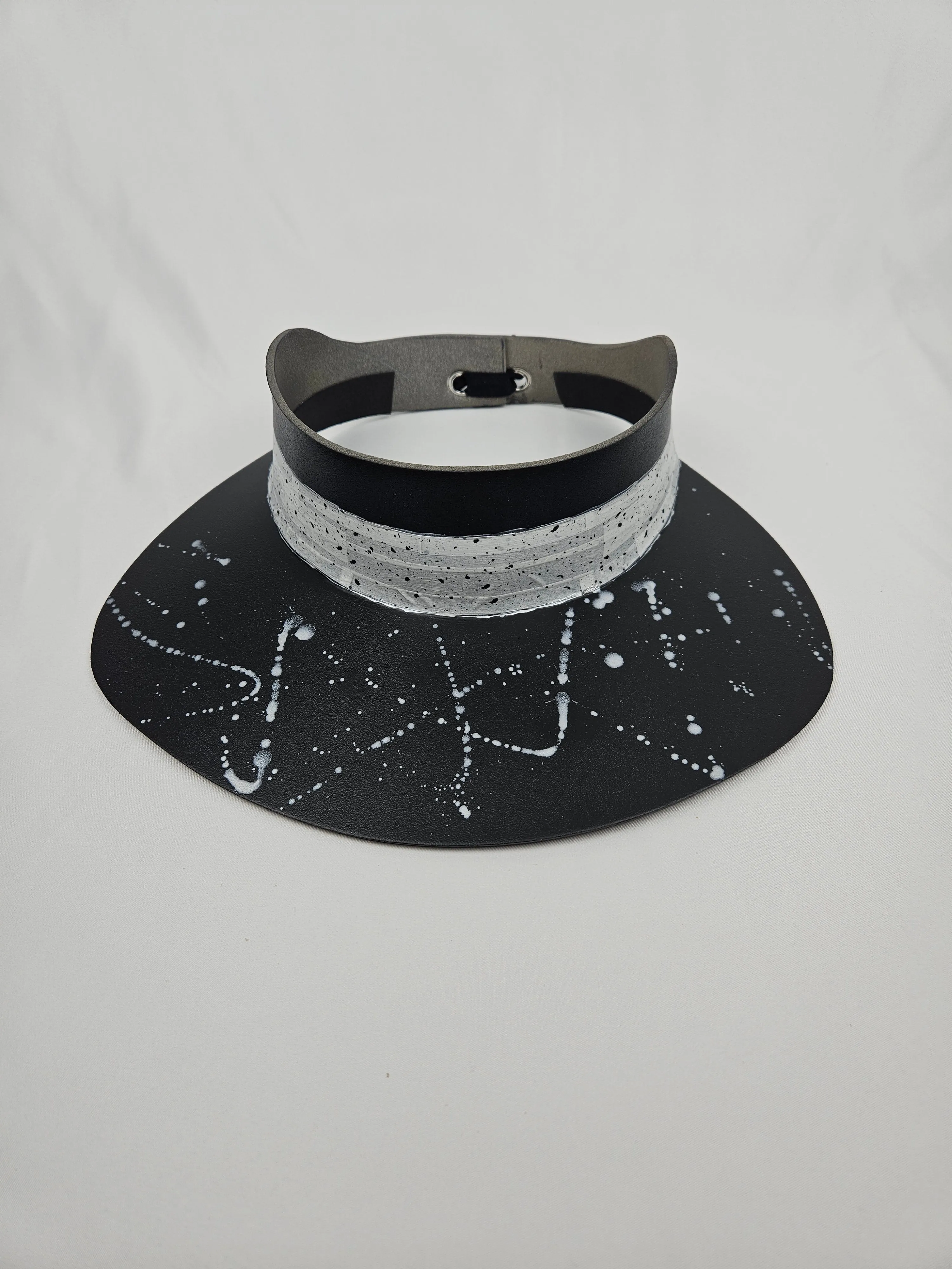 Tall Black "LadyEVA" Visor Hat with Spotted Band and Silver Paint Splatter