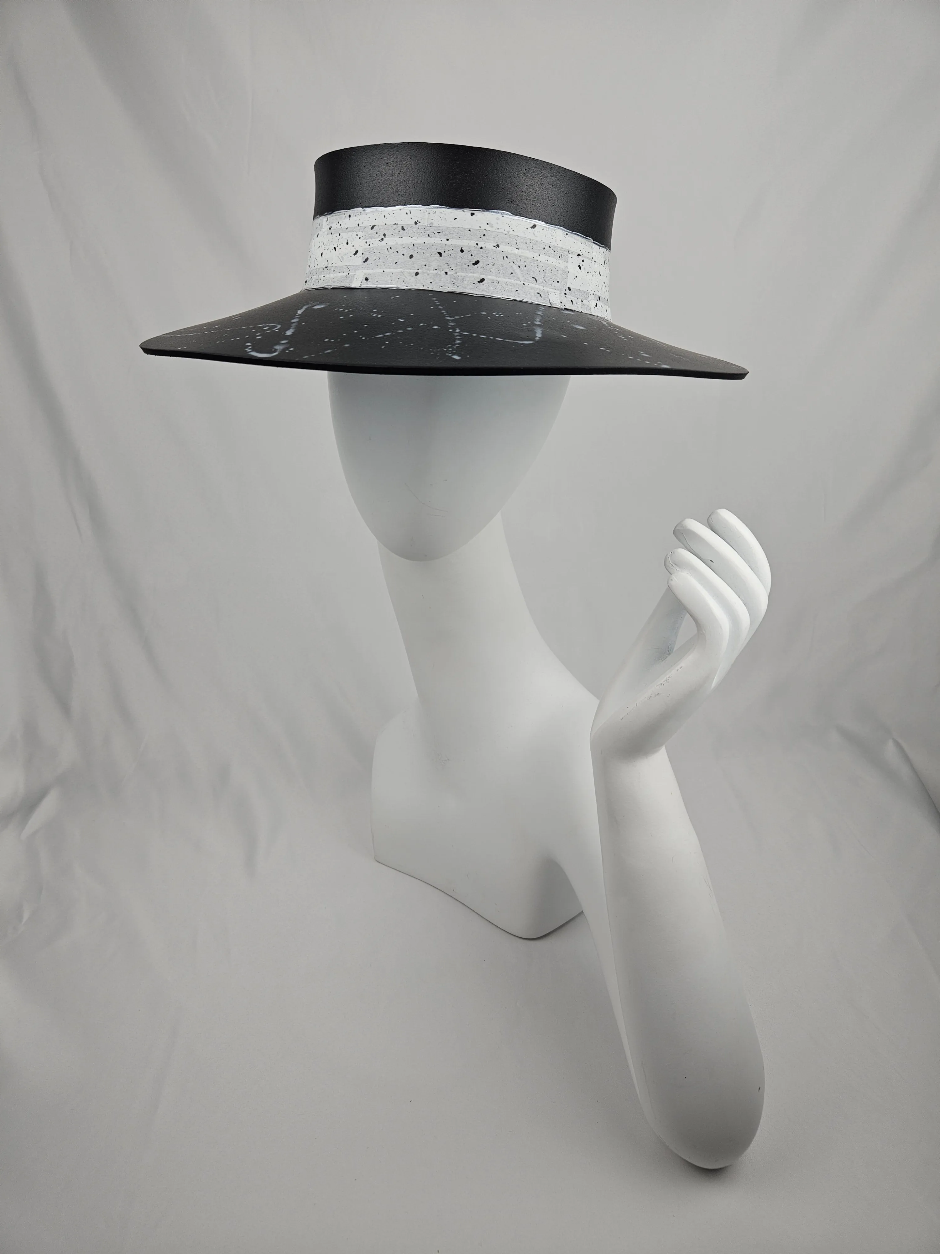 Tall Black "LadyEVA" Visor Hat with Spotted Band and Silver Paint Splatter