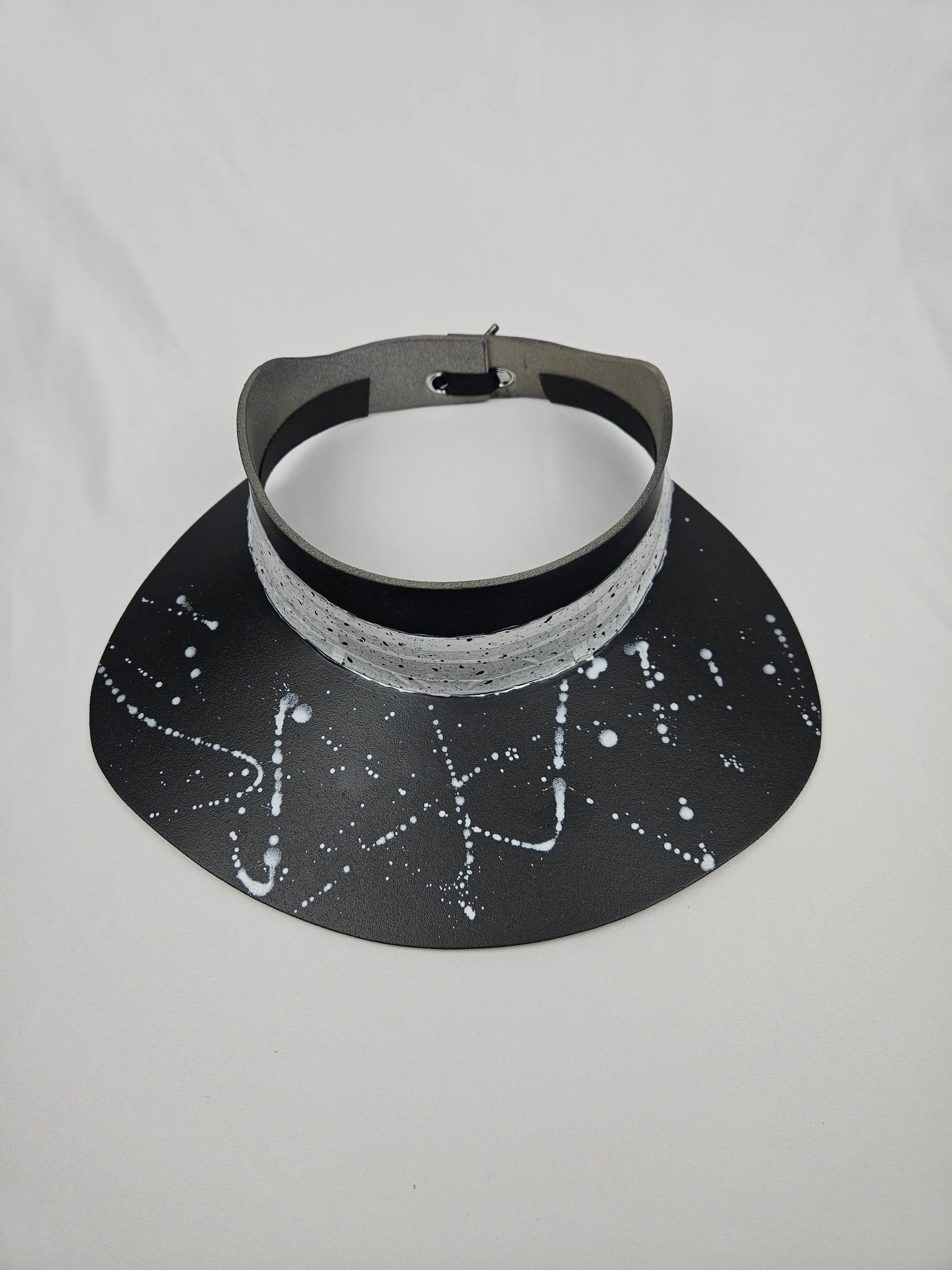 Tall Black "LadyEVA" Visor Hat with Spotted Band and Silver Paint Splatter