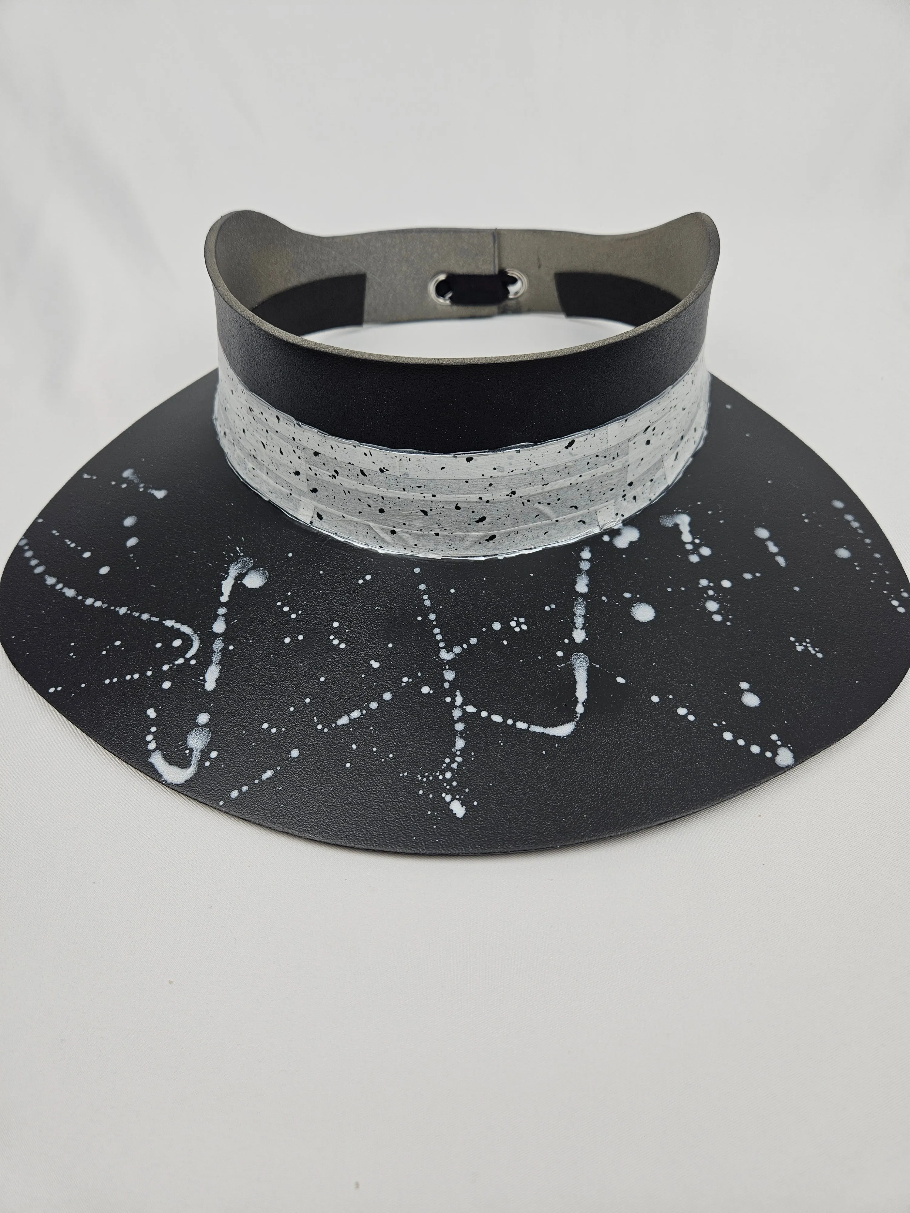 Tall Black "LadyEVA" Visor Hat with Spotted Band and Silver Paint Splatter